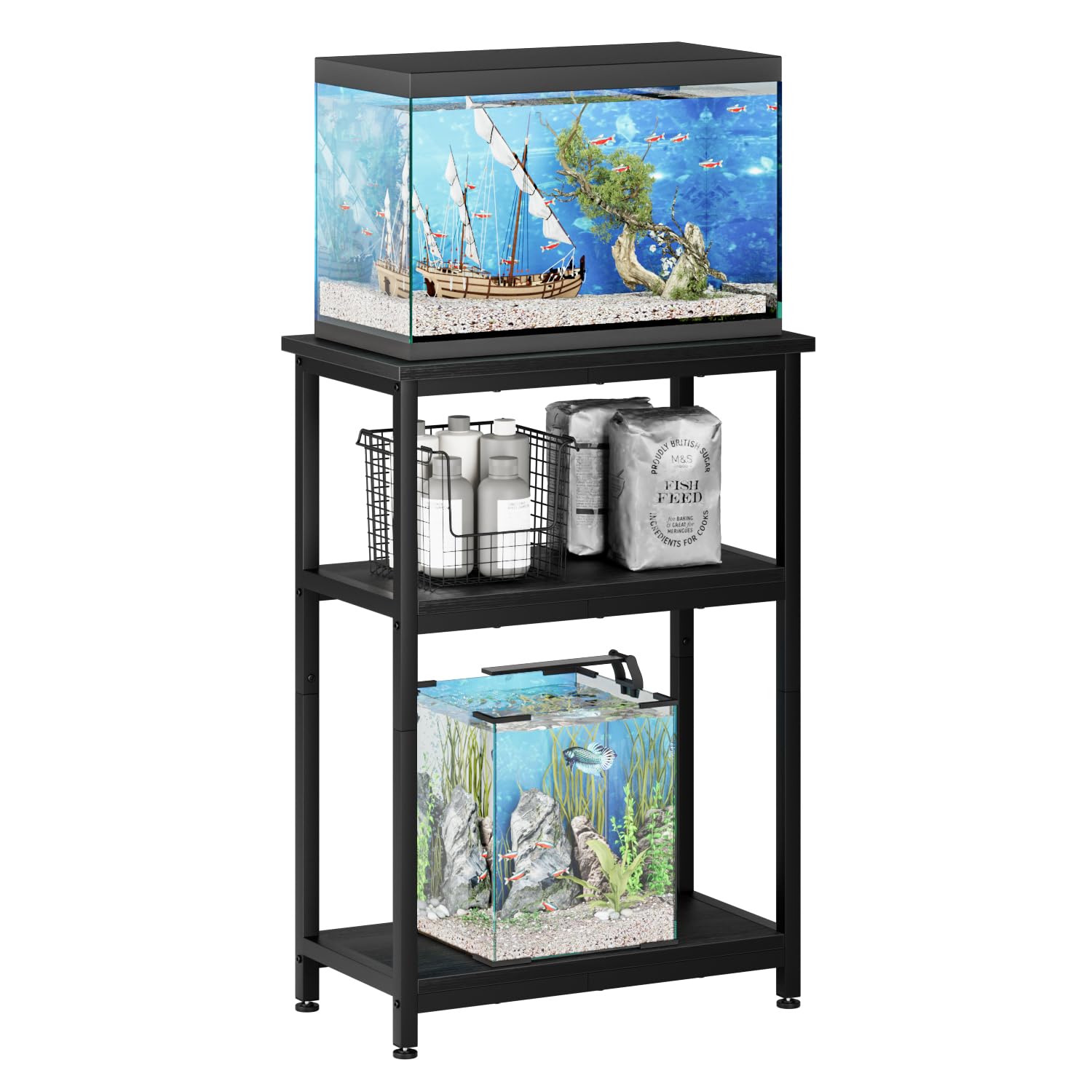 APPLOYN Support d'aquarium avec étagère de rangement à 3 niveaux, cadre en métal robuste pour tortue, reptile, terrarium, salon, 52,1 x 29 x 75,1 cm (L x l x H), noir