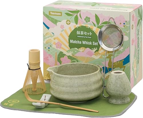 Miniatura 1 de Juego de batidor de matcha, 7 piezas de kit de fabricación de matcha con batidor, cuenco de cerámica, tamiz, cuchara, soporte, soporte y toalla de