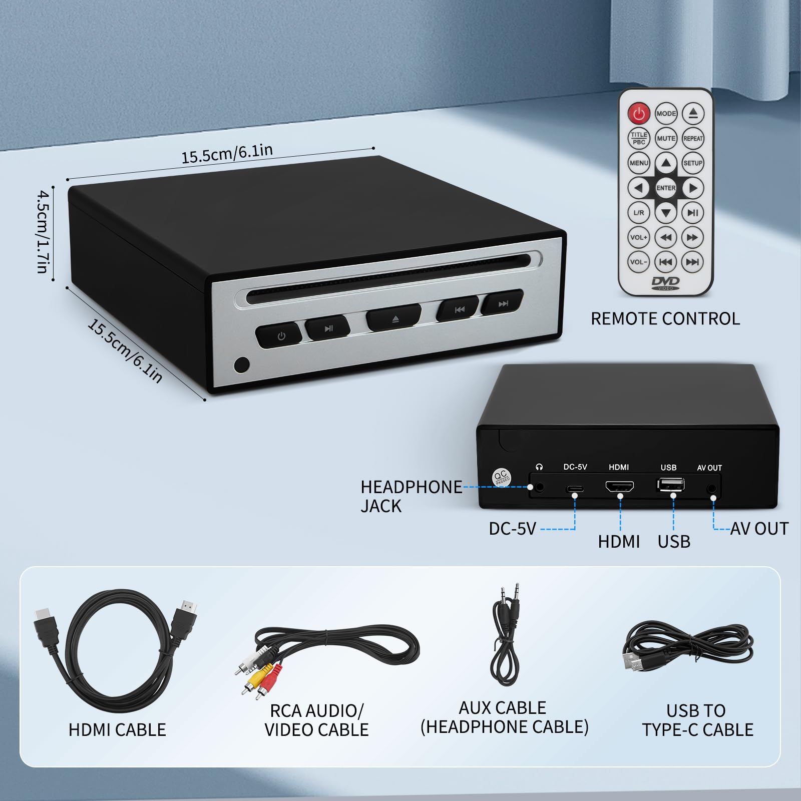 Reproductor de CD para coche – Reproductor de CD externo universal para coche con USB, AUX, HDMI y puerto USB-C, Plug & Play, compatible con radio de coche, portátil, TV, ordenador y equipo de alta