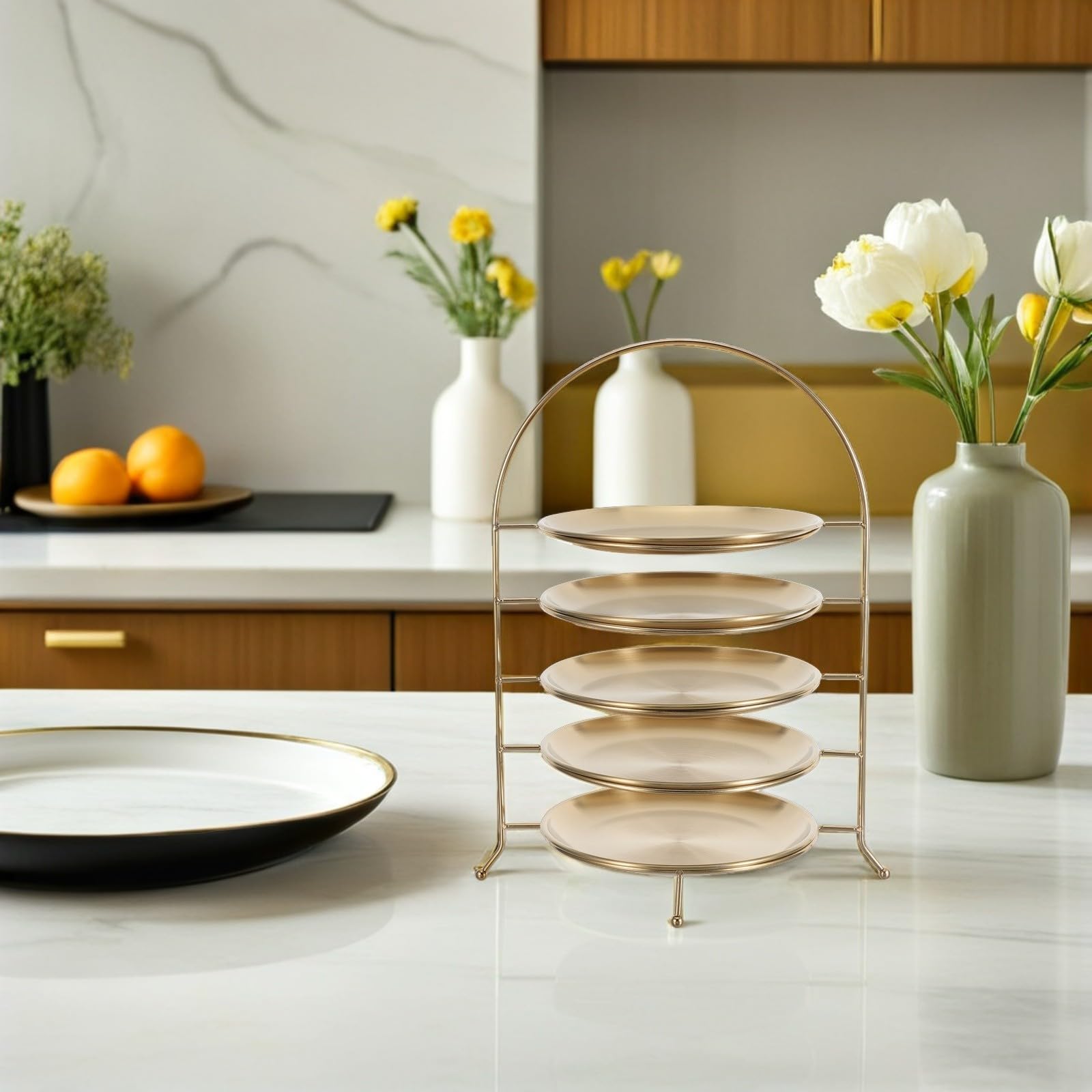 POPETPOP Portapiatti Rotondo in Acciaio Inossidabile a 5 Livelli, Struttura Robusta e Versatile, per Buffet ed Eventi, Set Multi-Strato Color Oro