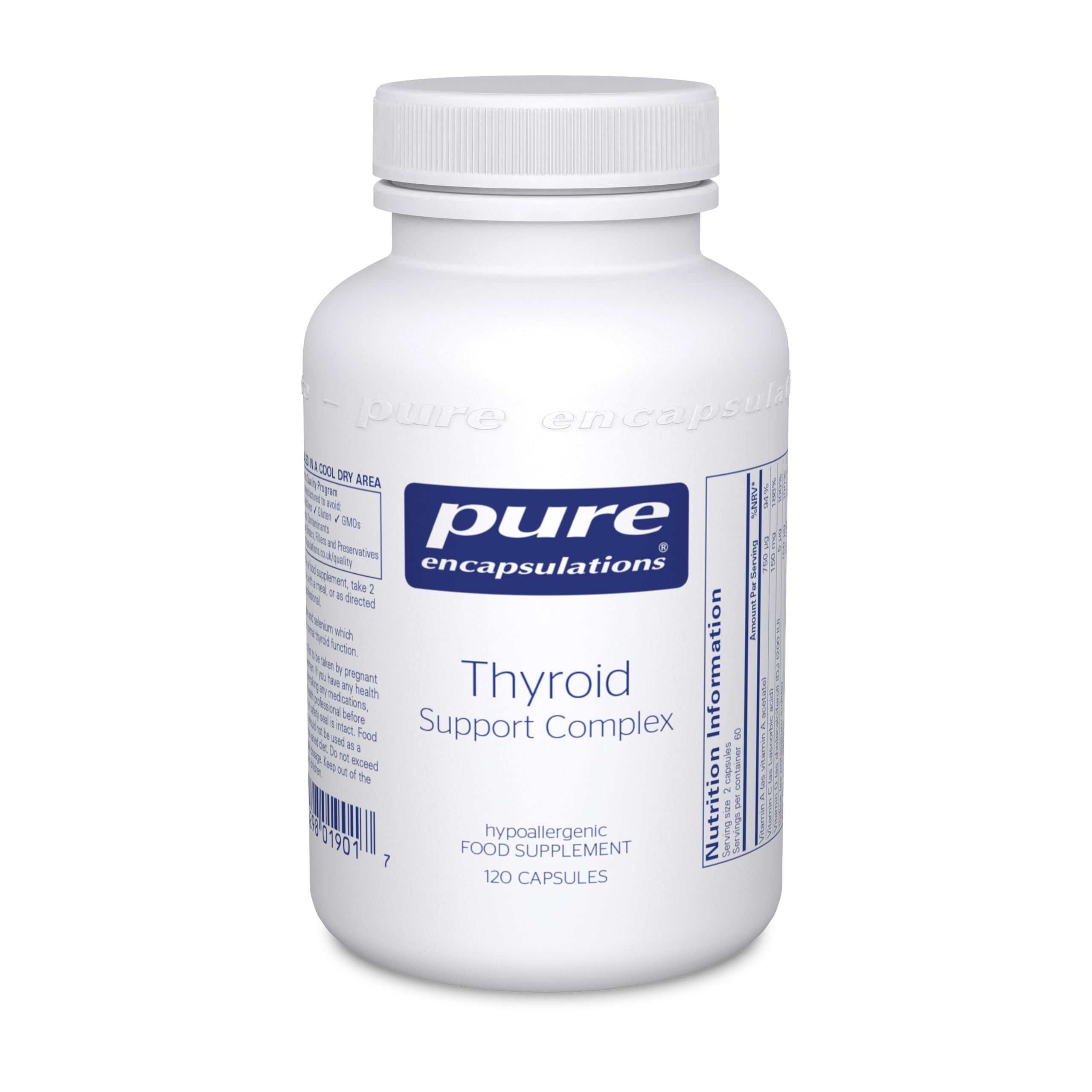 Pure Encapsulations Thyroid Support Complex - Blend of Vitamins and Minerals - Reduces Fatigue, Supports Energy and Thyroid Function - Includes Vitamin C, Iodine, Selenium, and Zinc - 120 Capsules