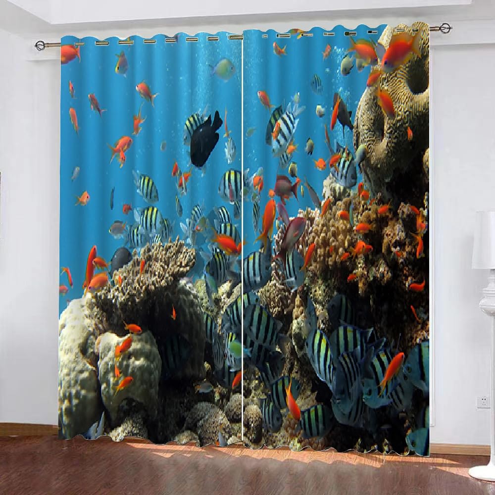 Blackout Curtains Fish 2 Panels 66" Wide x 72" Drop Room Darkening Polyester Fabric Eyelet Curtain 3D Ocean Coral Curtains Privacy Protect Window Drapes for Home Decoration（style 31-8）