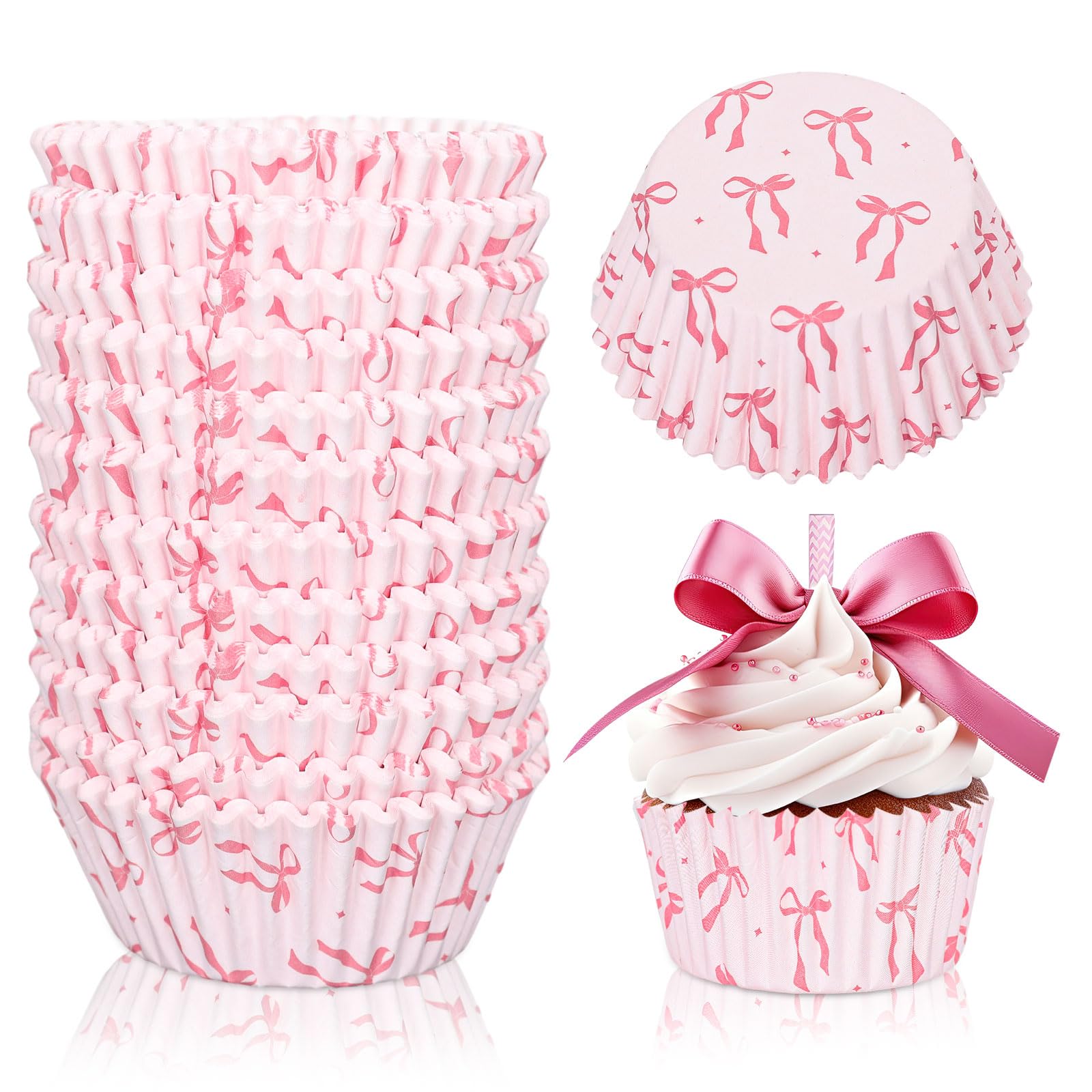 JarThenaAMCS 300 Pcs Pink Bows Cupcake Liners Pink Baking Cups Wedding Baby Shower Standard Muffin Cupcake Wrappers for Valentine's Day Party Supplies
