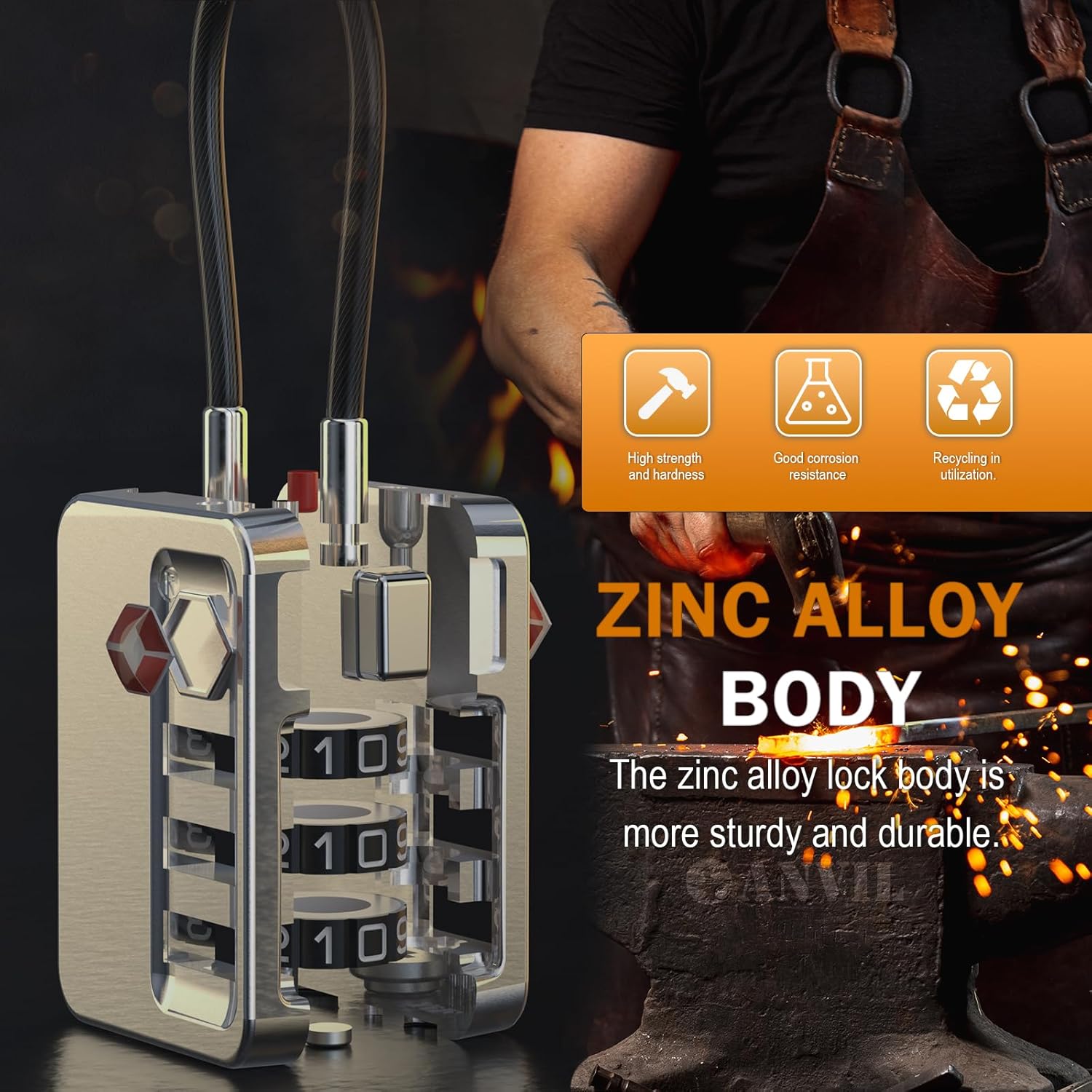 ക്രോസ് സെക്ഷൻ view of ANVIL TSA lock highlighting its zinc alloy body for durability