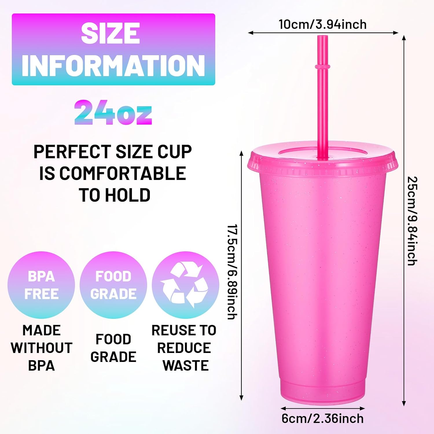 15 Pcs Reusable Plastic Tumblers with Lids and Straws, 24 Oz Bulk Travel Mug Water Bottle for Iced Coffee, Party Birthday Gifts, Multicolor