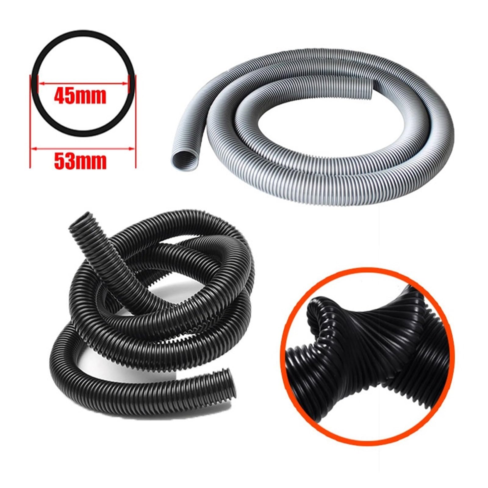 LIUCH Wewnętrzny 45mm Zewnętrzny 53mm Gwint Wąż Odkurzający Trwały Elastyczny Części Zamienne Rura Odkurzająca Miech Słomki Miękka Rura(Black-5m(45mm))