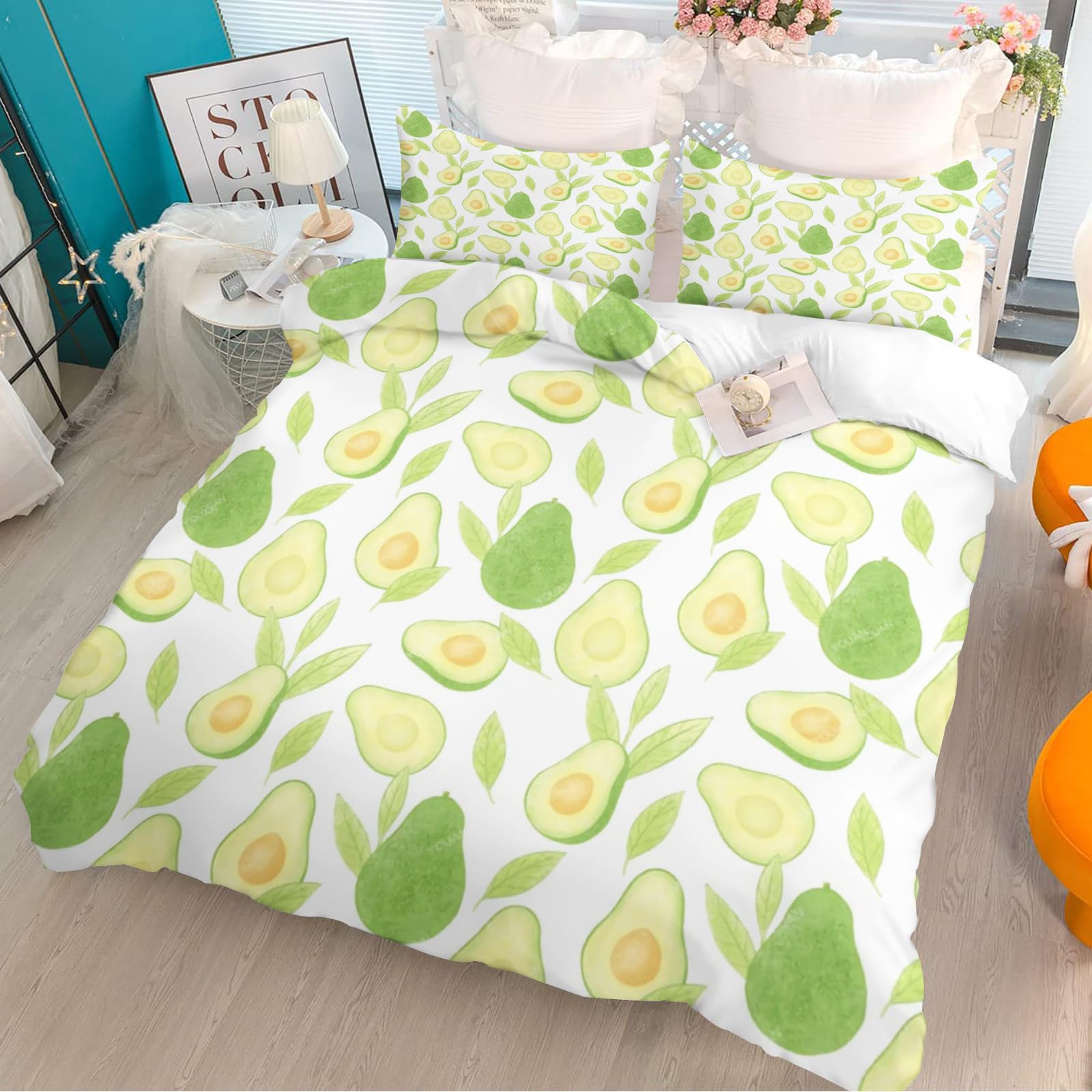 KIDSLOVE Avocado Pościel 135 x 200 cm, wzór z kreskówki, awokado, zestaw pościeli dla dzieci, śliczny awokado, zestaw pościeli z nadrukiem 3D, 100% mikrofibra, awokado (3, 135 x 200 cm, 50 x 75 x 1)
