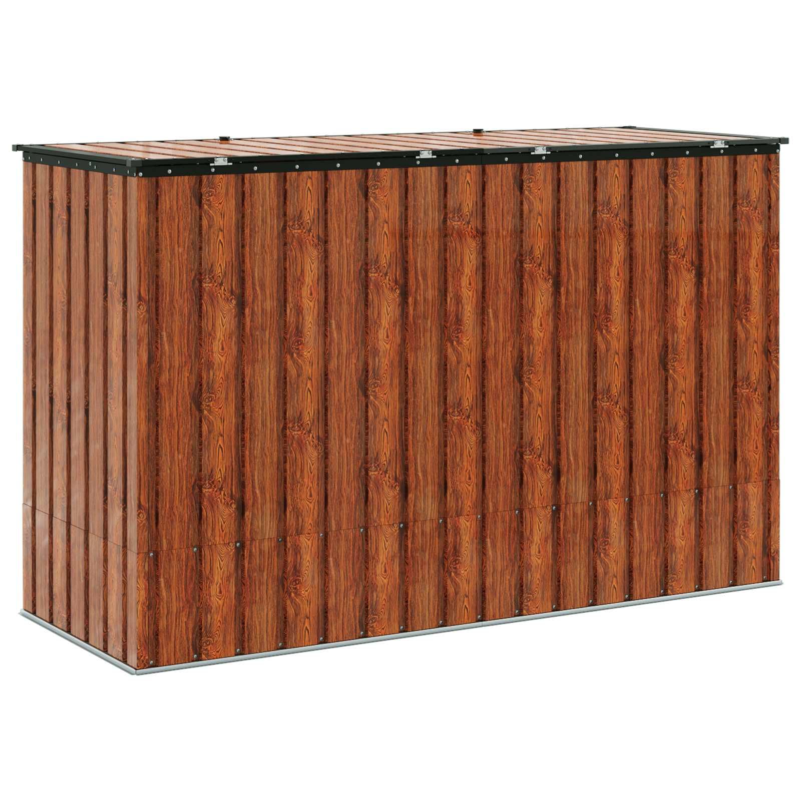 Skrzynka ogrodowa ze stali, 214 x 82 x 132 cm, zamykana, brązowa, pojemna półka na narzędzia i akcesoria zewnętrzne, z bezpiecznym zamknięciem, minimalistyczna