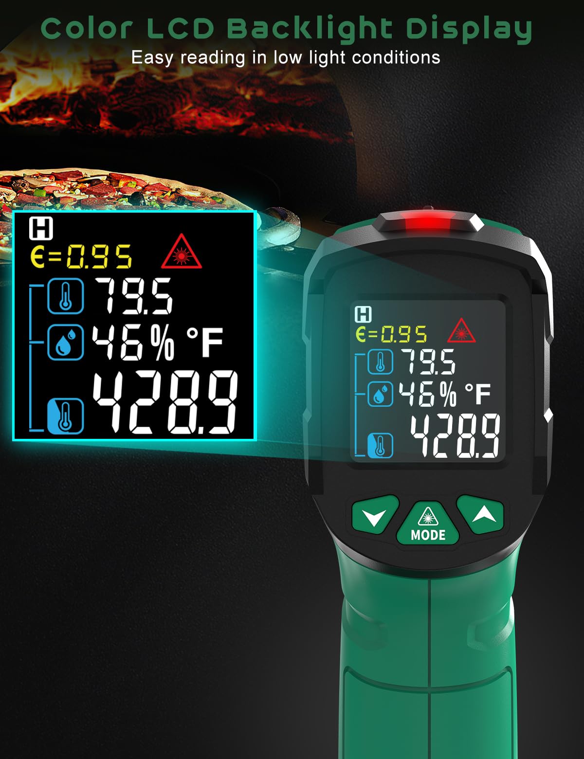 Infrared Thermometer Gun,SQECH Laser Thermometer Gun -58℉～1472℉(-50℃～800℃),Temperature Gun with Ambient Temperature&Humidity/Adjustable Emissivity/Color Backlight for Cooking, Oven,Engine,HVAC — Amazon image 4