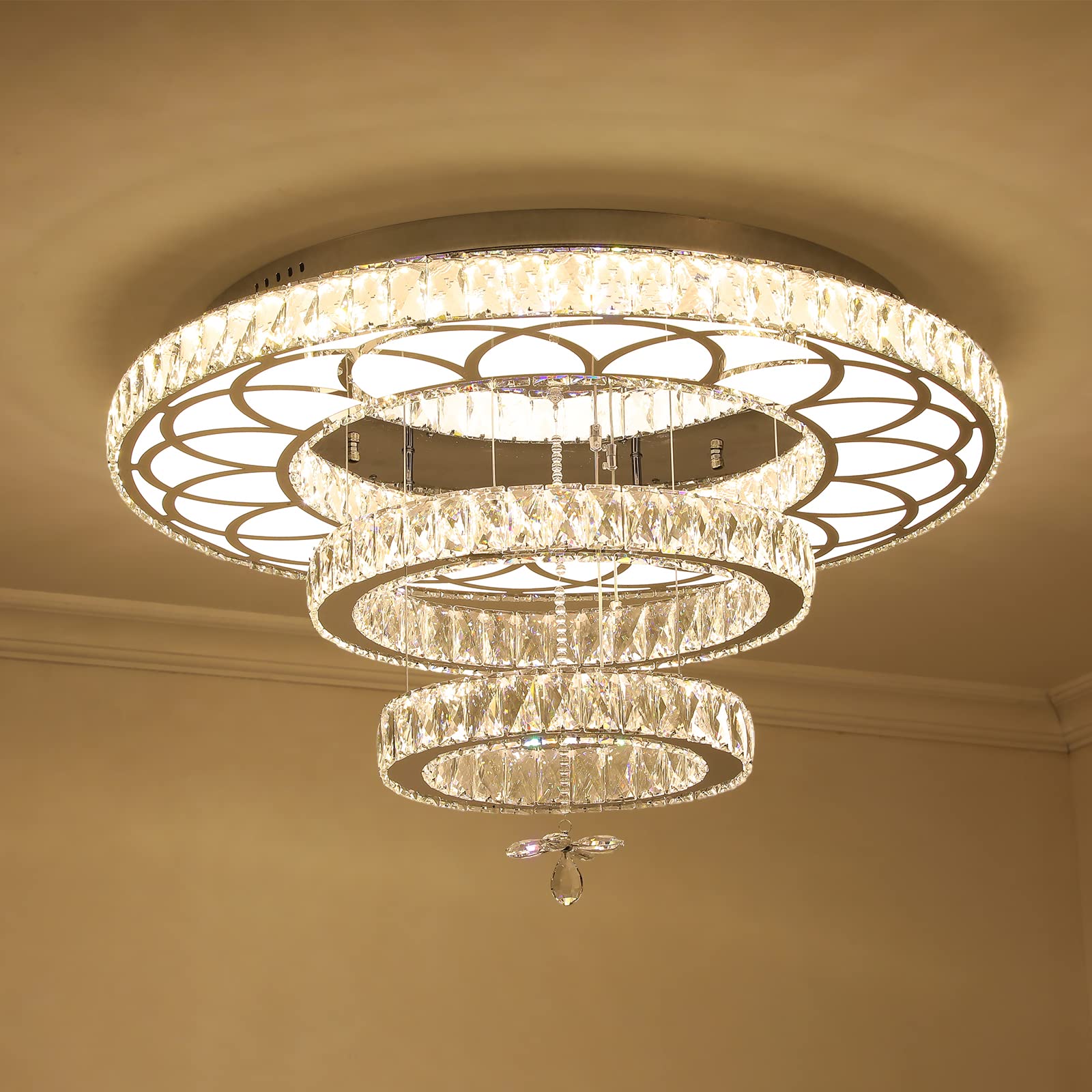 Deckrico Modern K9 Crystal Chandelier 3 LED Lights Stainless Steel Pendant Lamp