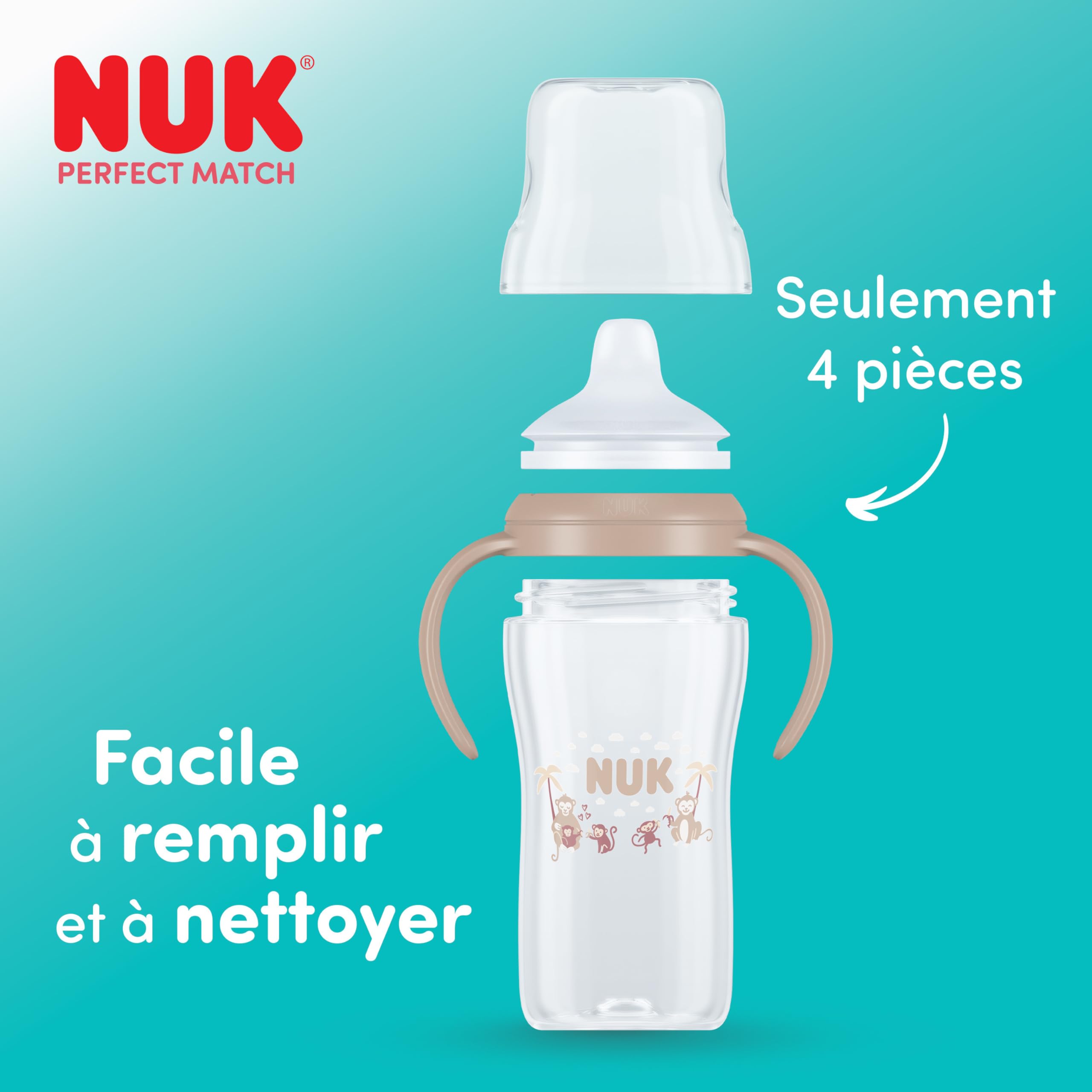 NUK Perfect Match Nuit Tasse d’apprentissage | 6+ mois | 150 ml | Tasse anti-fuite pour bébés | Poignées antidérapantes | Brille dans le noir | Singe/Koala | Lot de 2