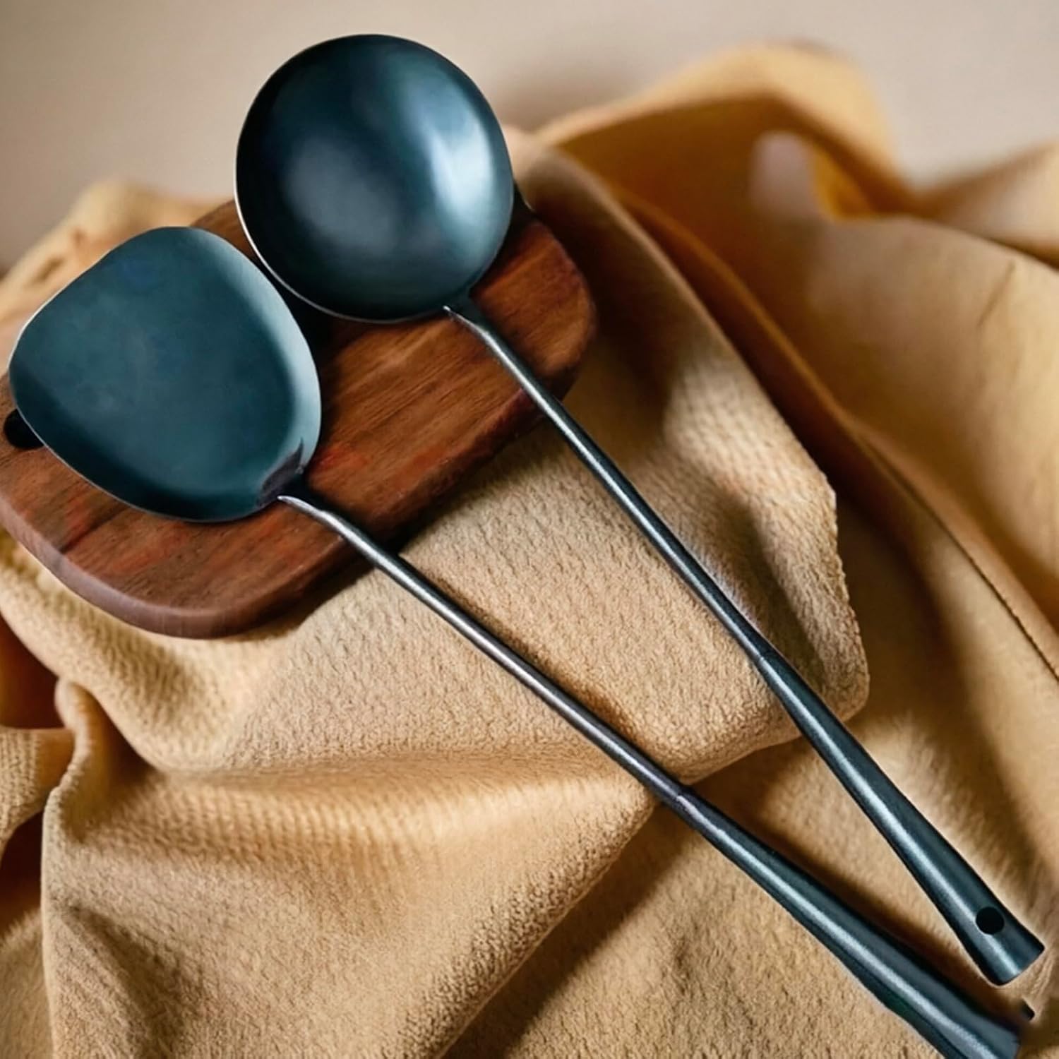Blue Steel Wok Spatula and Ladle Set | Universal Pan Accessories Kitchen Utensils for Cooking Tools