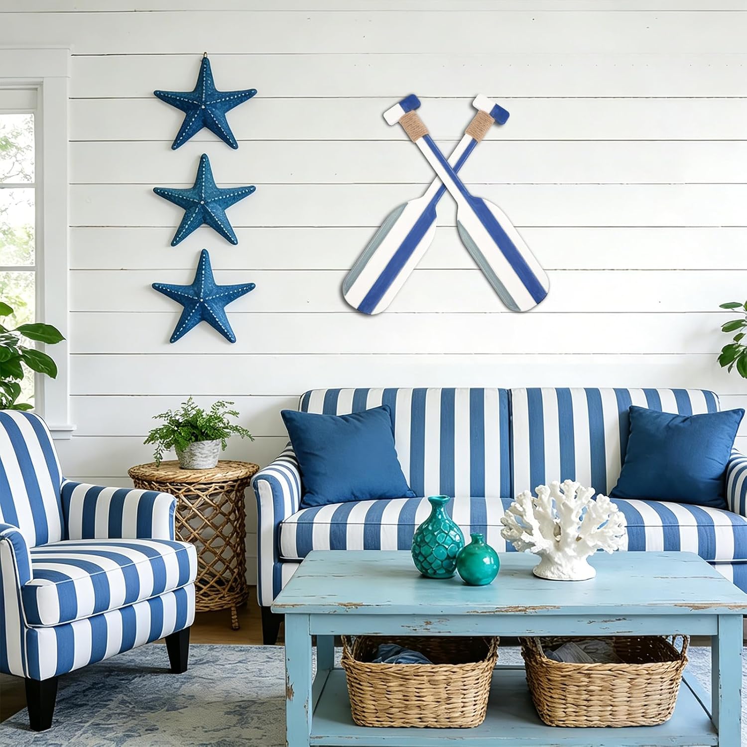 Meching 2 Pack 19.7 Inch Nautical Wooden Double Oar Decor with Rope Nautical Oar Paddles Wall Decor Door Hanging Ornament Beach Theme Home Decoration（Vintage blue） image 4