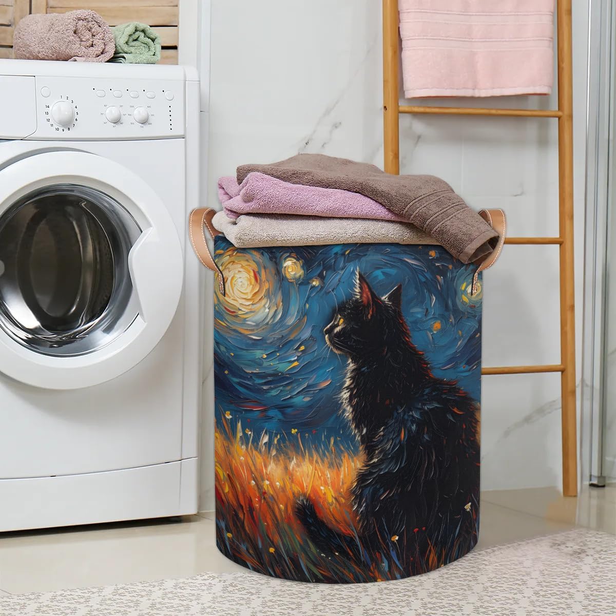 Night Black Cat Laundry Basket Waterproof Laundry Hamper with Handles Decorative Storage Basket Dirty Clothes Hamper for Bathroom Bedroom