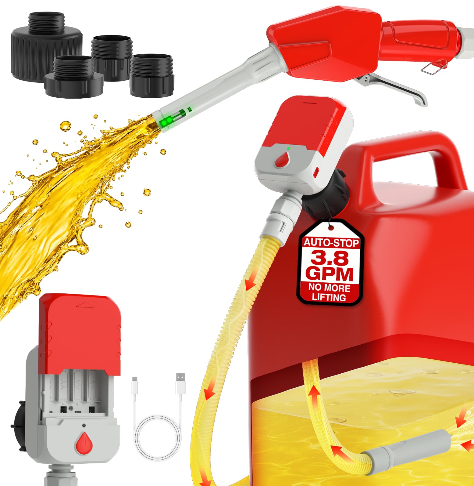 Keimi Electric Fuel Transfer Pump, Auto-Stop & Hand Trigger Nozzle, 3.8 GPM | 4 Can Adapters, 4 AA or USB Power, 51-Inch Corrugated Hose, Gasoline, Diesel, Kerosene, AA Batteries Not Included