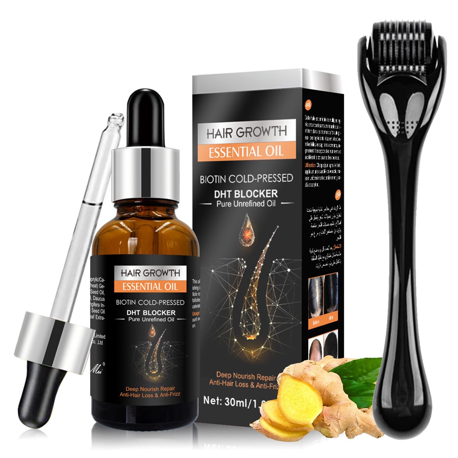 Serum na porost włosów Derma-roller 0,5mm, zestaw do wzrostu włosów z imbirem, walec do mikronigdlingu z serum do włosów, olejek z imbiru do wzrostu włosów, olejek do włosów na przyspieszenie wzrostu