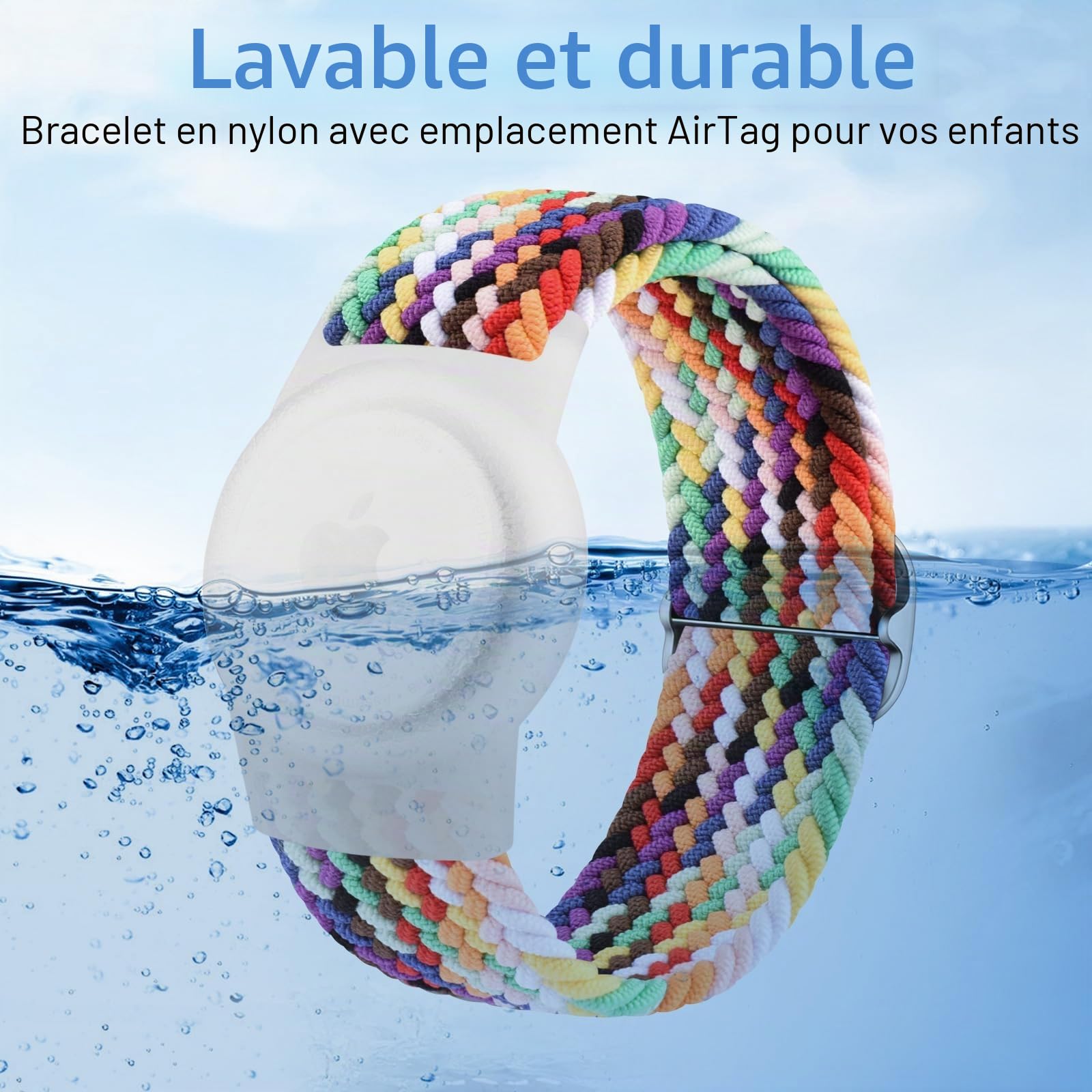 Vancle Bracelet Airtag Enfants, élastique Bracelet de Rechange, Coque Résistant aux Rayures, Facile à Porter, Couverture de Protection en Nylon Tressée pour Enfants et âgés, Arc Ciel