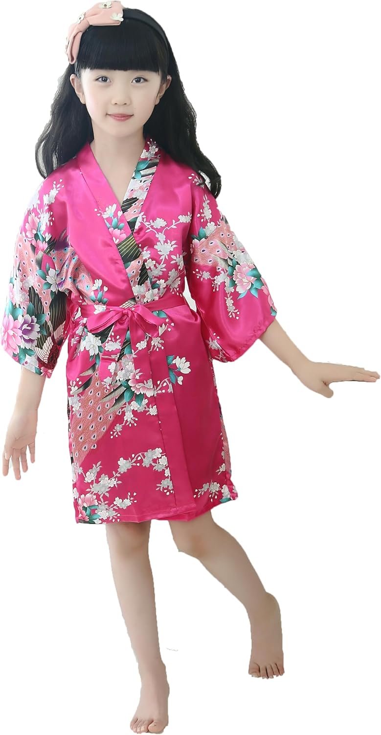 Kids Girl's Silky Satin Kimono Robe for Spa Wedding Birthday Party Child Children's Gifts