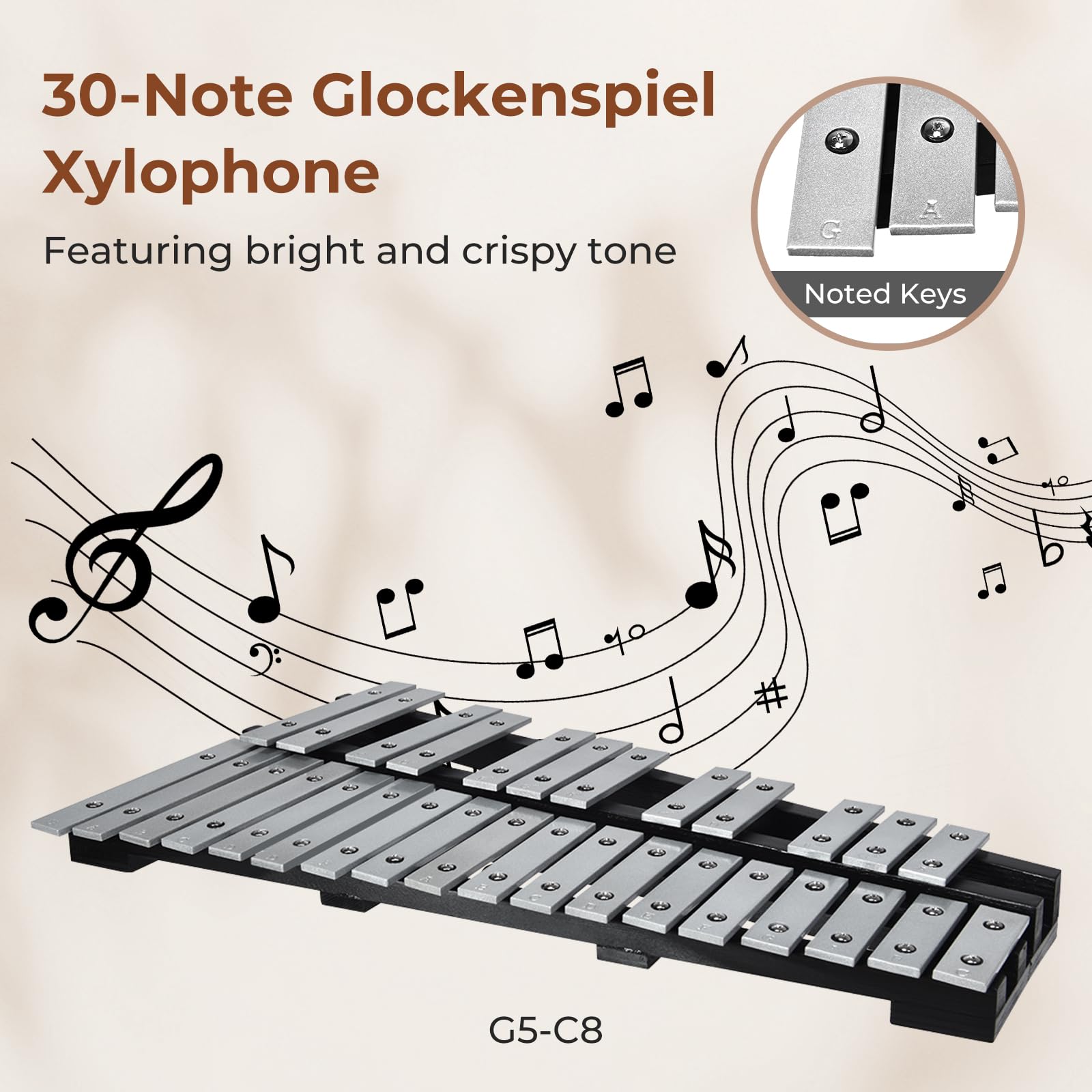 KOMFOTTEU Xilofono 30 note, carillon con tasti in metallo e 2 bacchette, strumento a percussione a mano, con custodia per il trasporto, strumento musicale per bambini e adulti