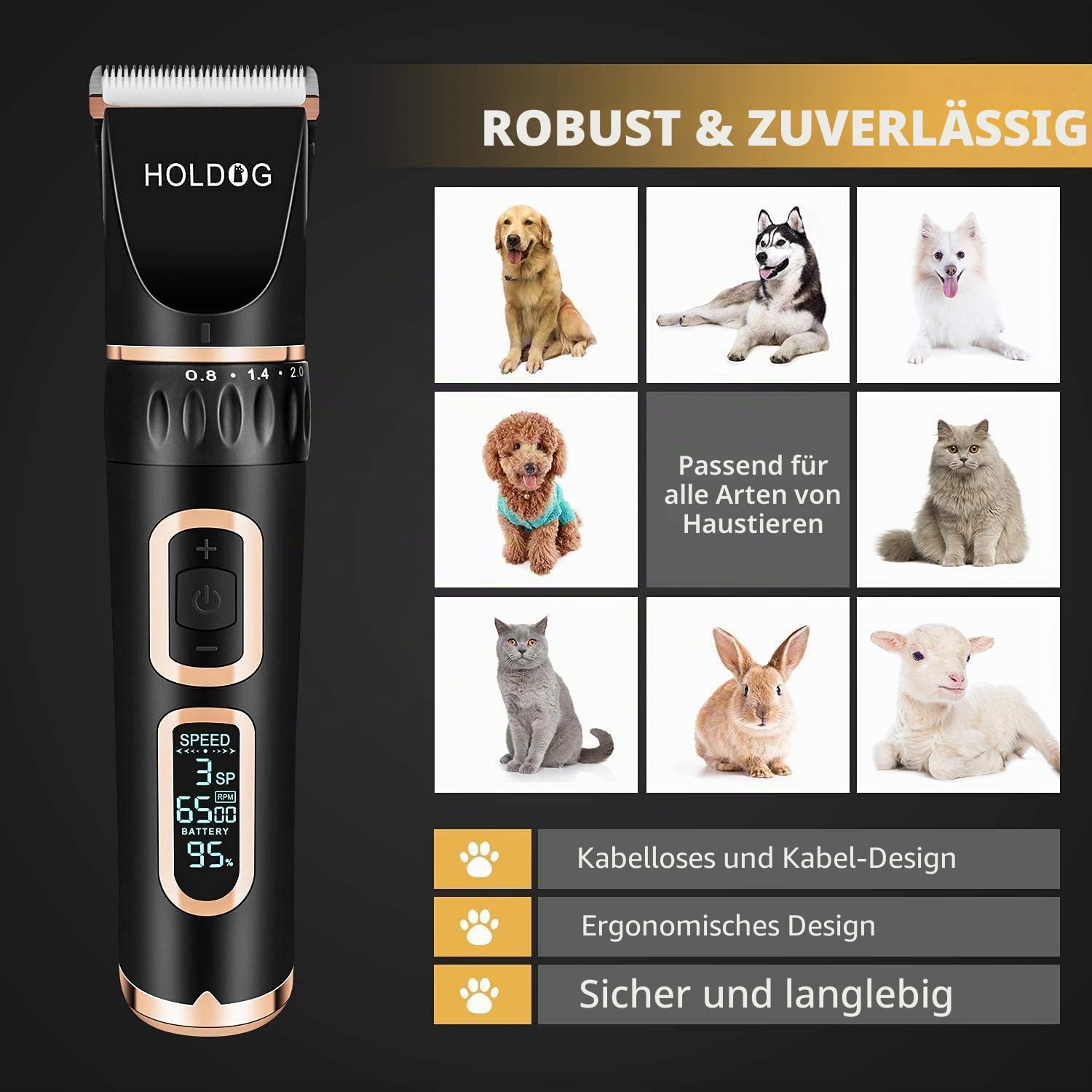 Hundeschermaschine Profi Hochleistungs-Elektroschermaschine 3-Gang, geräuscharm leistungsstark kabelloses geeignet für große kleine Katzen Hunde