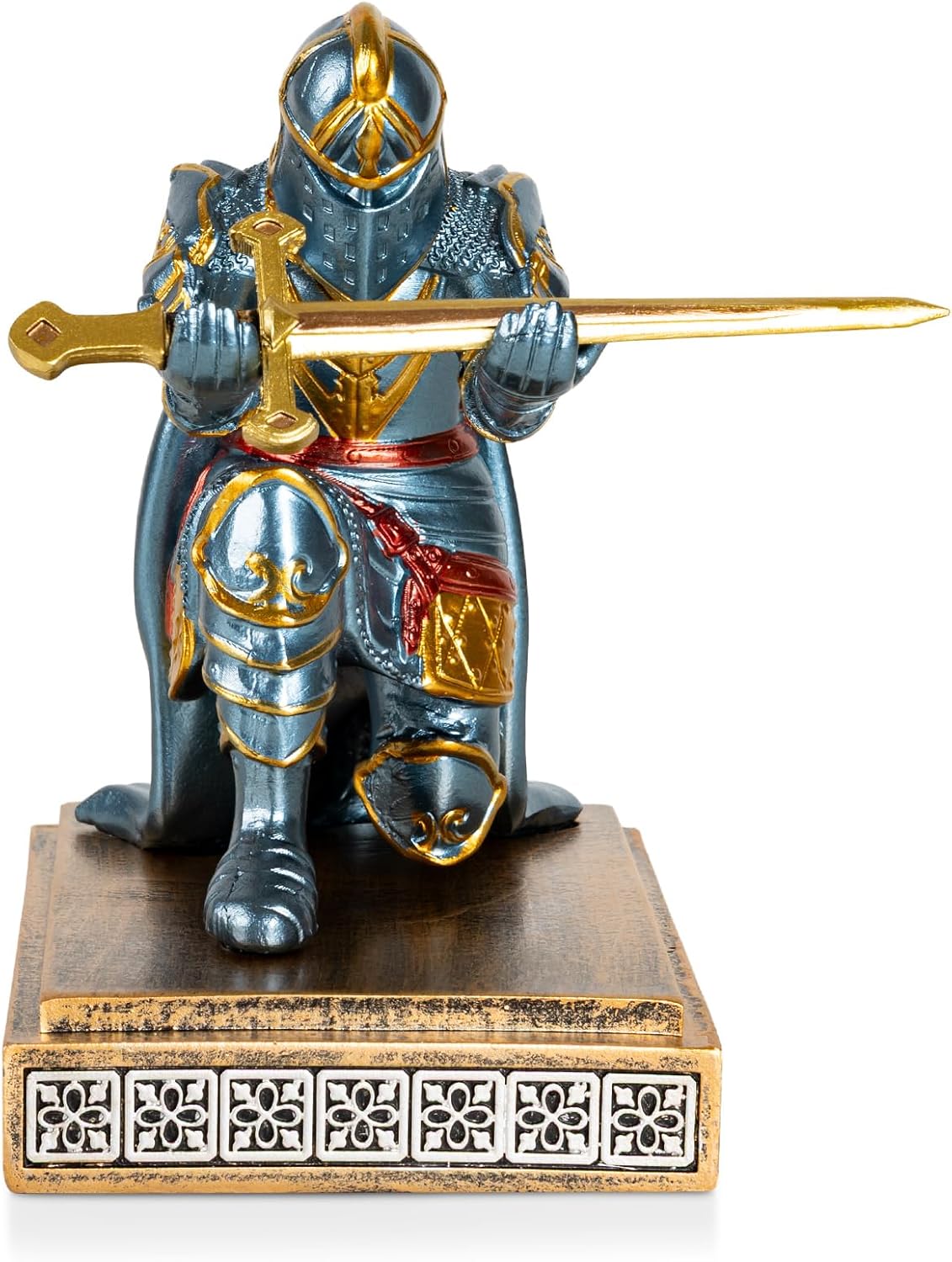 Medieval Knight Pen Holder with Sword, Kneeling King's Guard Warrior Pencil Stand Office Accessories Cool Fancy Desk Decor Gift for Men Dad Husband Boss Boyfriend Him- Leader Cloak Style
