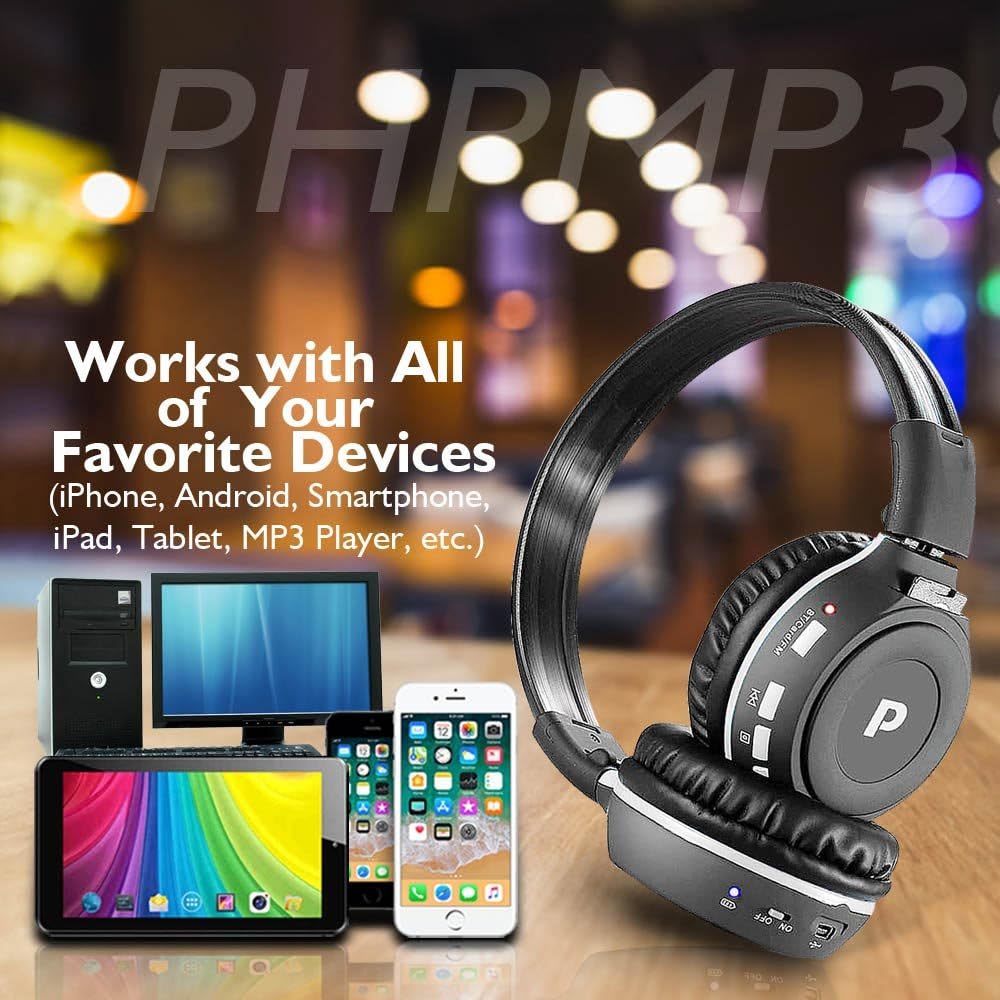 Premium Wireless Bluetooth Headphones, SD Wireless Card Reader, Dual Listening Mode - Listen w/ a Friend, MP3, Built-in Mic for Call Answering, FM Radio, Portable Folding Design, from Pyle (PHPMP39)