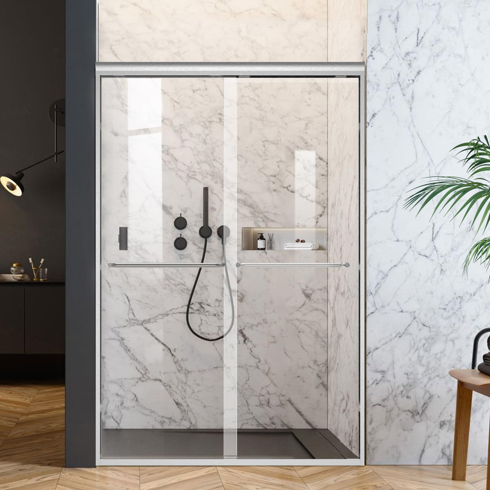 shower door 56-60 in. w x 72 in. h semi-frameless double sliding glass shower door, 1/4" (6mm) clear tempered glass, bypass shower enclosure, ( one in stock is matte black)