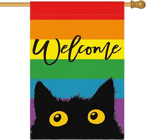 AVOIN colorlife Welcome LGBTQ Pride Parade - Bandera de casa de gato arcoíris de 28 x 40 pulgadas, doble cara, comunidad LGBTQ, gay, lesbiana,