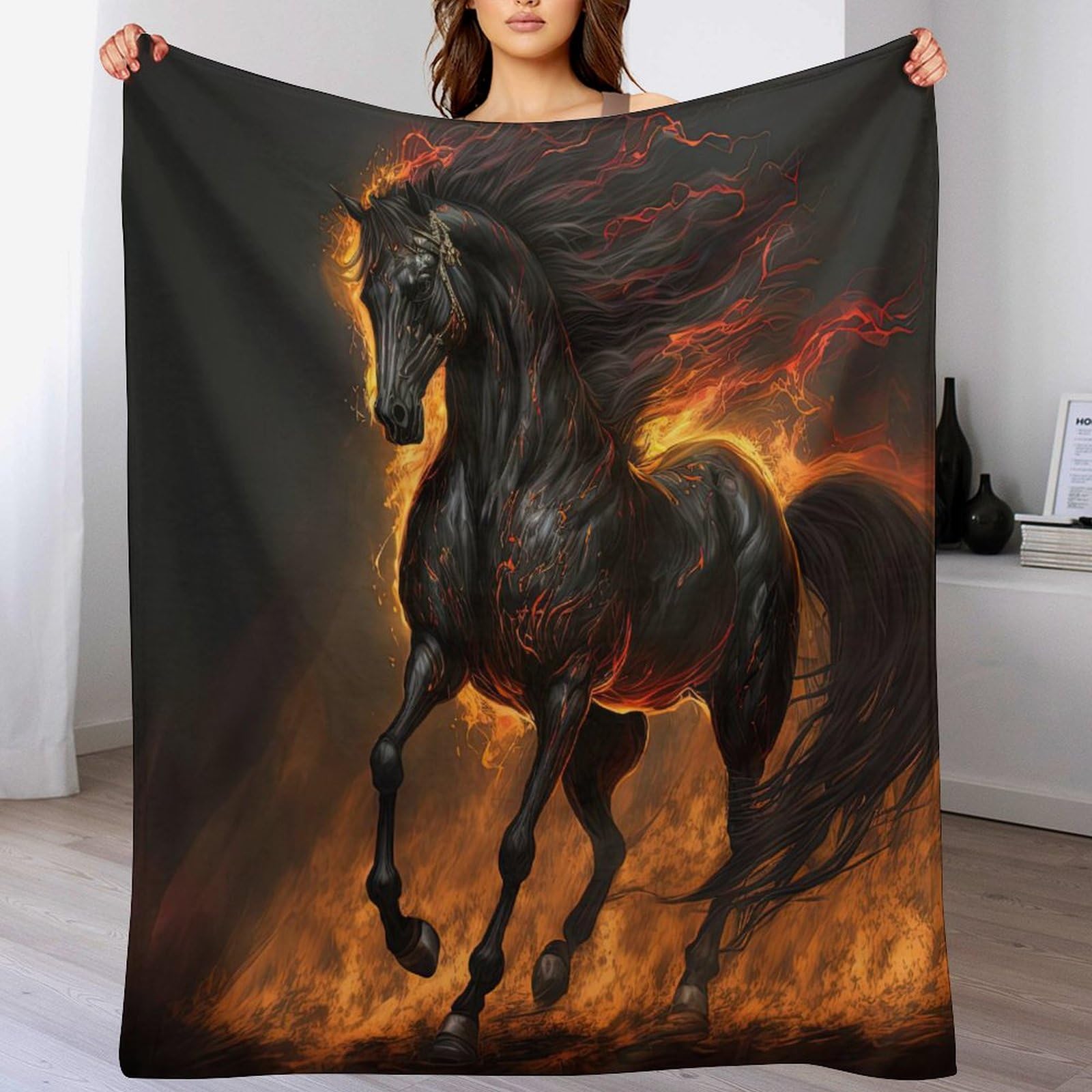 Black Horse Blanket Warm Adult Super Soft Blanket Anti-pilling Machine Washable Throw Blanket For Adults & Kids 3D Print （100×130cm）