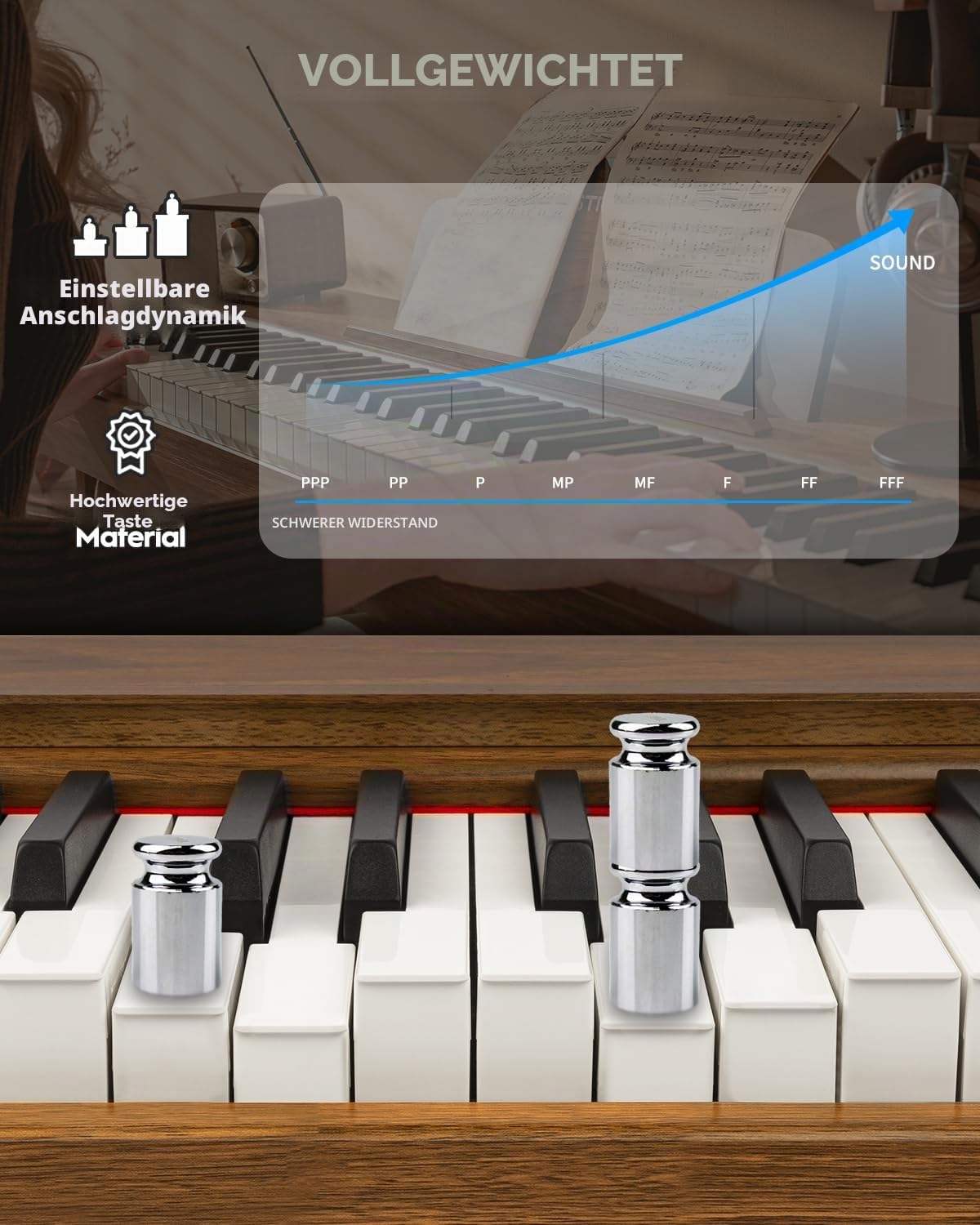 STRICH Digitalpiano 88 Tasten, Hammermechanik-Tastatur in voller Größe, E-Piano mit Ständer, 25W×2 Lautsprecher, unterstützt USB-MIDI & kabellose Verbindung, Modell SDP-300S(Walnussholz)