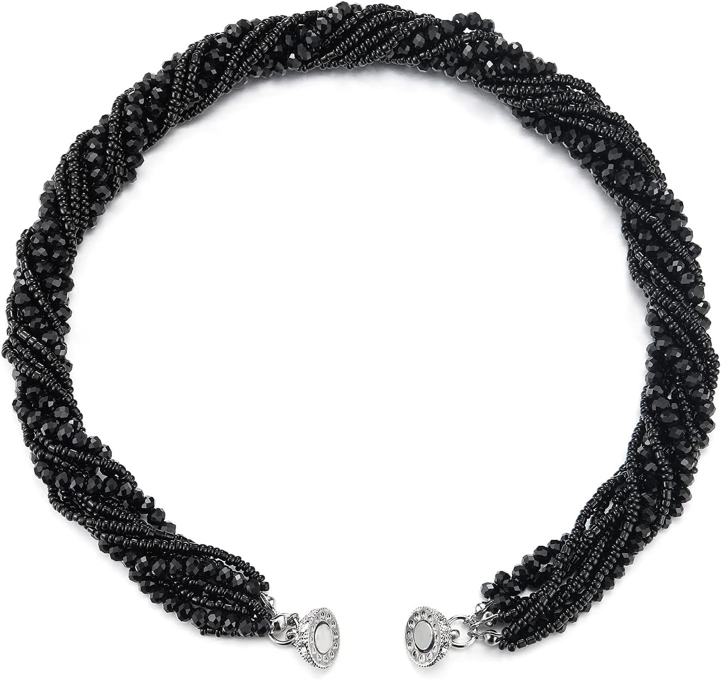 COOLSTEELANDBEYOND Multi-Layer Beads Crystal Braided Chain Choker Collar Magnetic Clasp,Statement Necklace, Bracelet