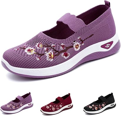 Helenbra Womens Flower Embroidered Slip On Knitting Flat Loafers,Mary Jane Breathable Elastic Mesh Comfy Platform Non Slip Memory Foam Mom Walking Nurse Shoes Casual Walking Sneakers
