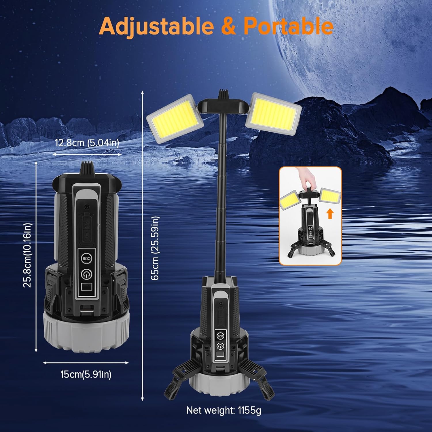Rechargeable 10400mAh Camping Light with Tripod Telescopic Pole, 4400LM Camping Emergency Flashlight, 180° Rotating Side Lamp, COB Dual Light Source, Type C, LED Work Light for Camping Garage Workshop