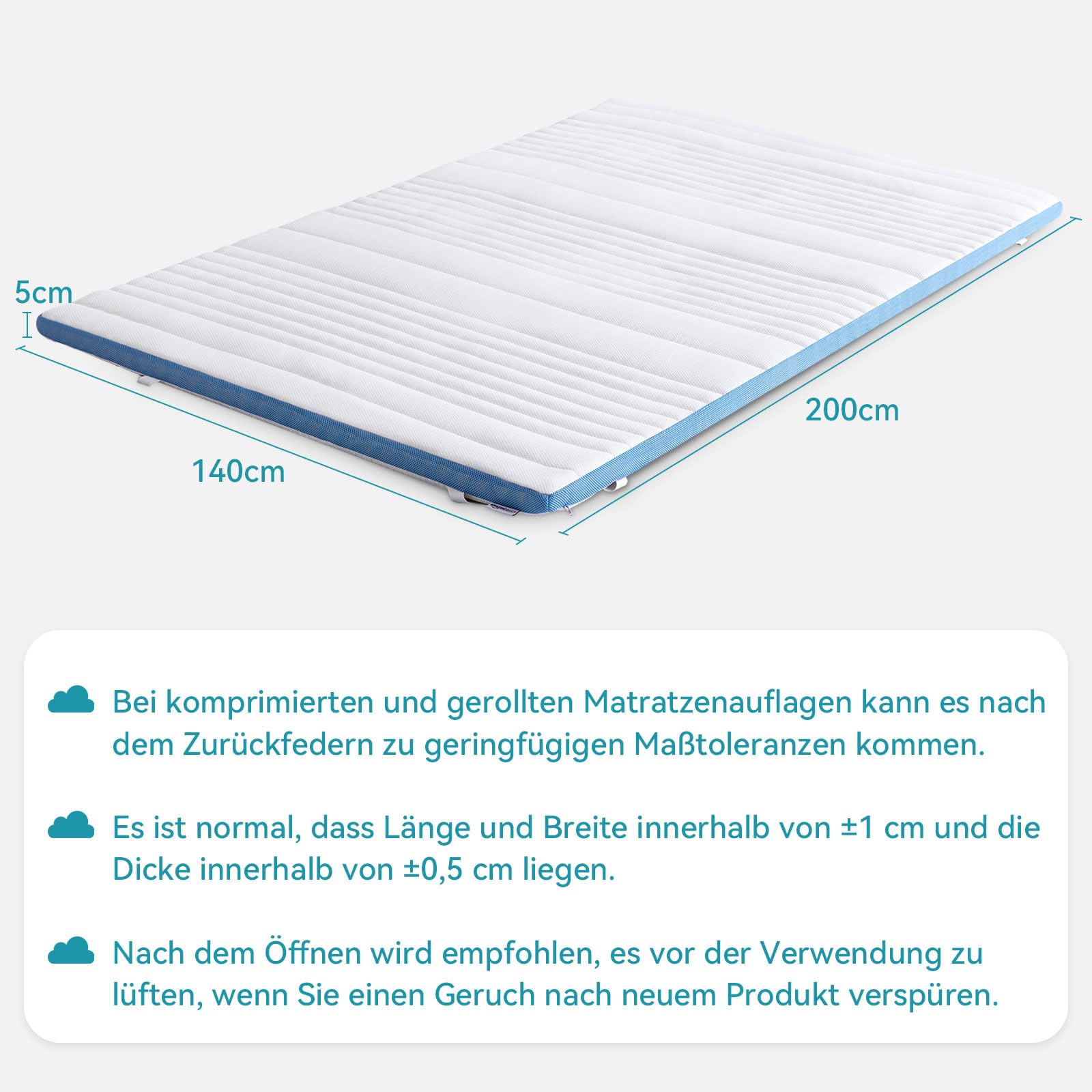 Amazon Basics Memoryschaum Matratzenauflage mit Bändern, 140 x 200 cm, 5 cm Höhe, weiß