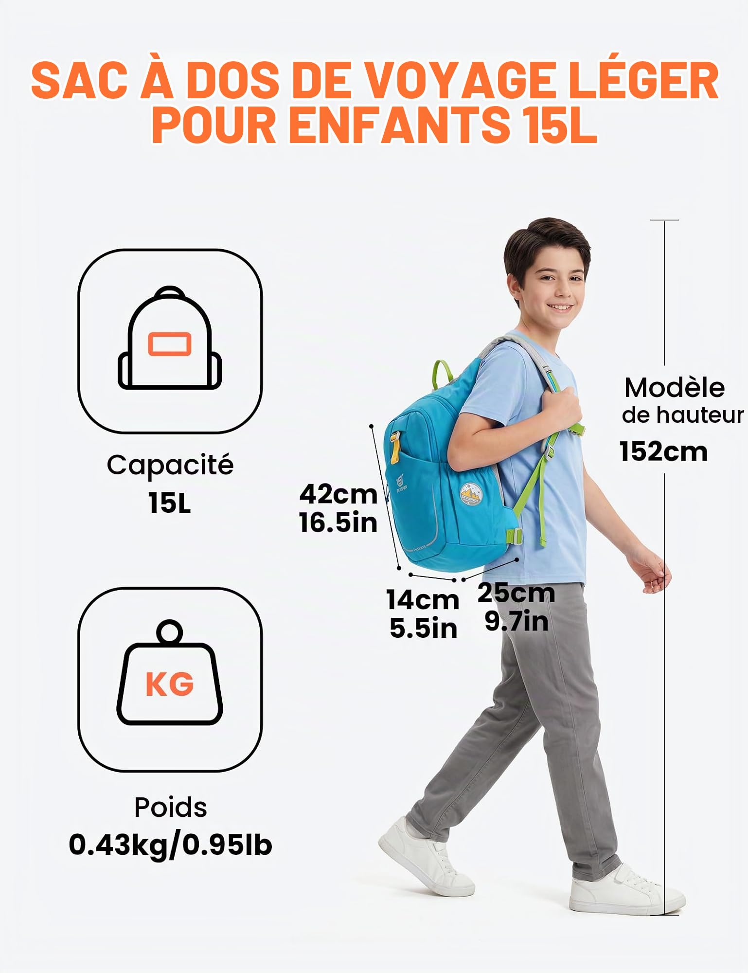 SKYSPER 15 L Sac à dos enfant, poche hydratation et sifflet de sécurité | Léger, pour enfants de 10 à 16 ans, idéal pour le camping, sifflet de sécurité, compartiment à eau, adapté aux randonnées
