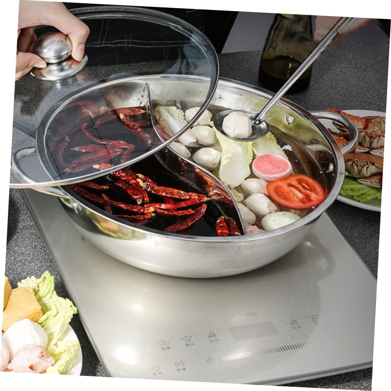 GLEAVI Stainless Steel Divided Hot Pot Cooker with Dual Flavor 2-Section Seafood and Soup Pot for Electric Induction Cooktops and Gas Stoves for Family Gatherings