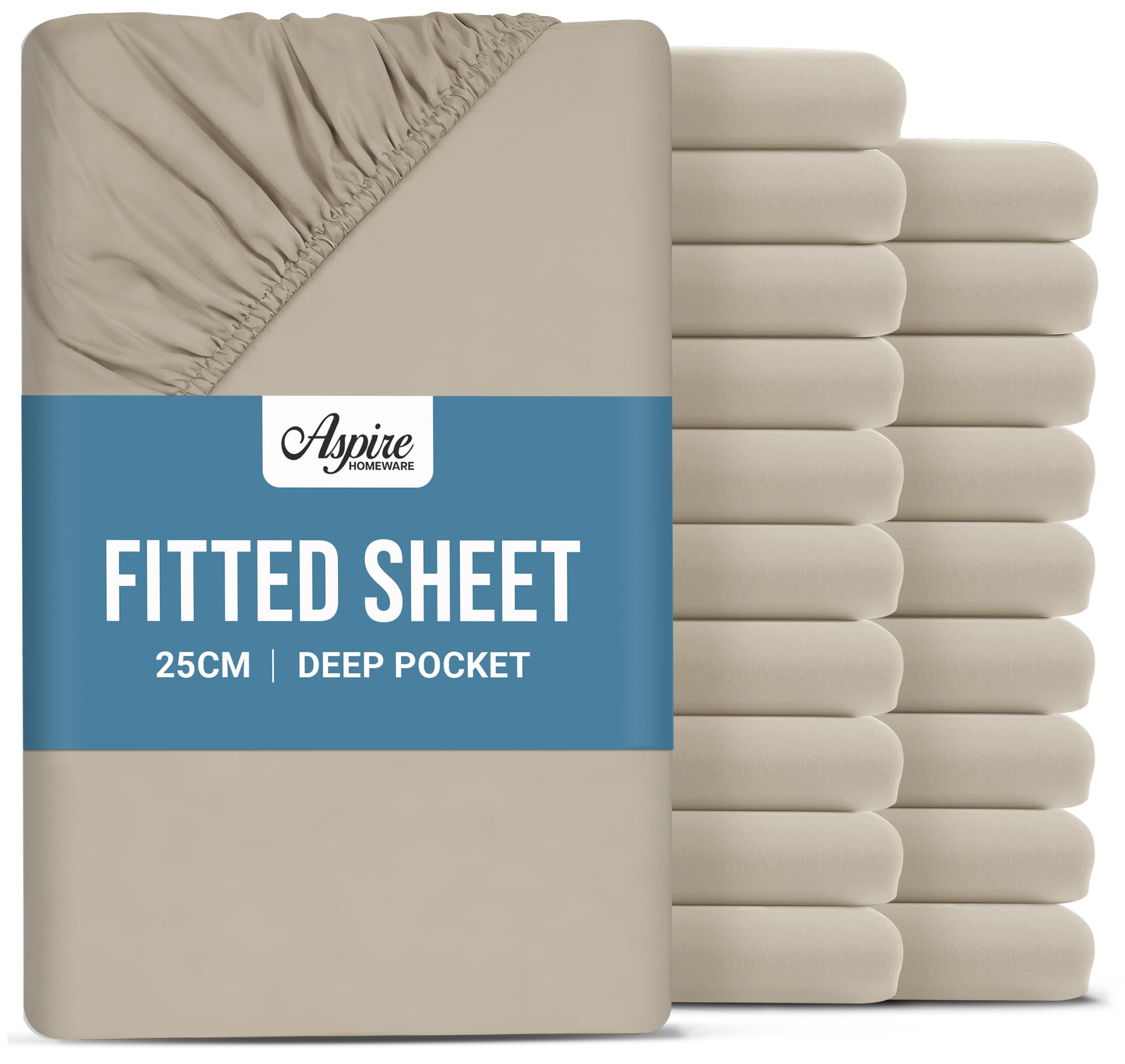 Aspire Homeware Double Fitted Sheet 20 Pack - 25 cm Deep Hotel Quality (Cream) Bed Sheets - Soft & Breathable Fitted Bed Sheets Double - Anti-Wrinkle Easy Care Fitted Sheets