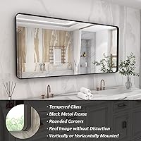 Vista 2 de Espejo grande de baño negro mate de 60 x 36 pulgadas, modernos espejos rectangulares con marco de metal para pared, esquinas redondeadas, a prueba