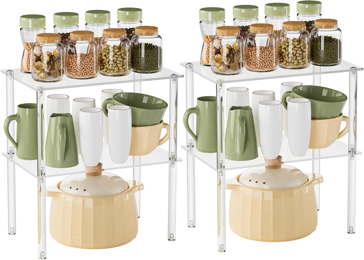 Acrylic Cabinet Organizer, Clear Cabinet Organizer Shelf, Stackable, Expandable, Spice Rack, Adjustable Counter Shelf for Makeup, Bathroom, Cupboard, Desk, Kitchen Pantry Organization (Clear-4PACK)