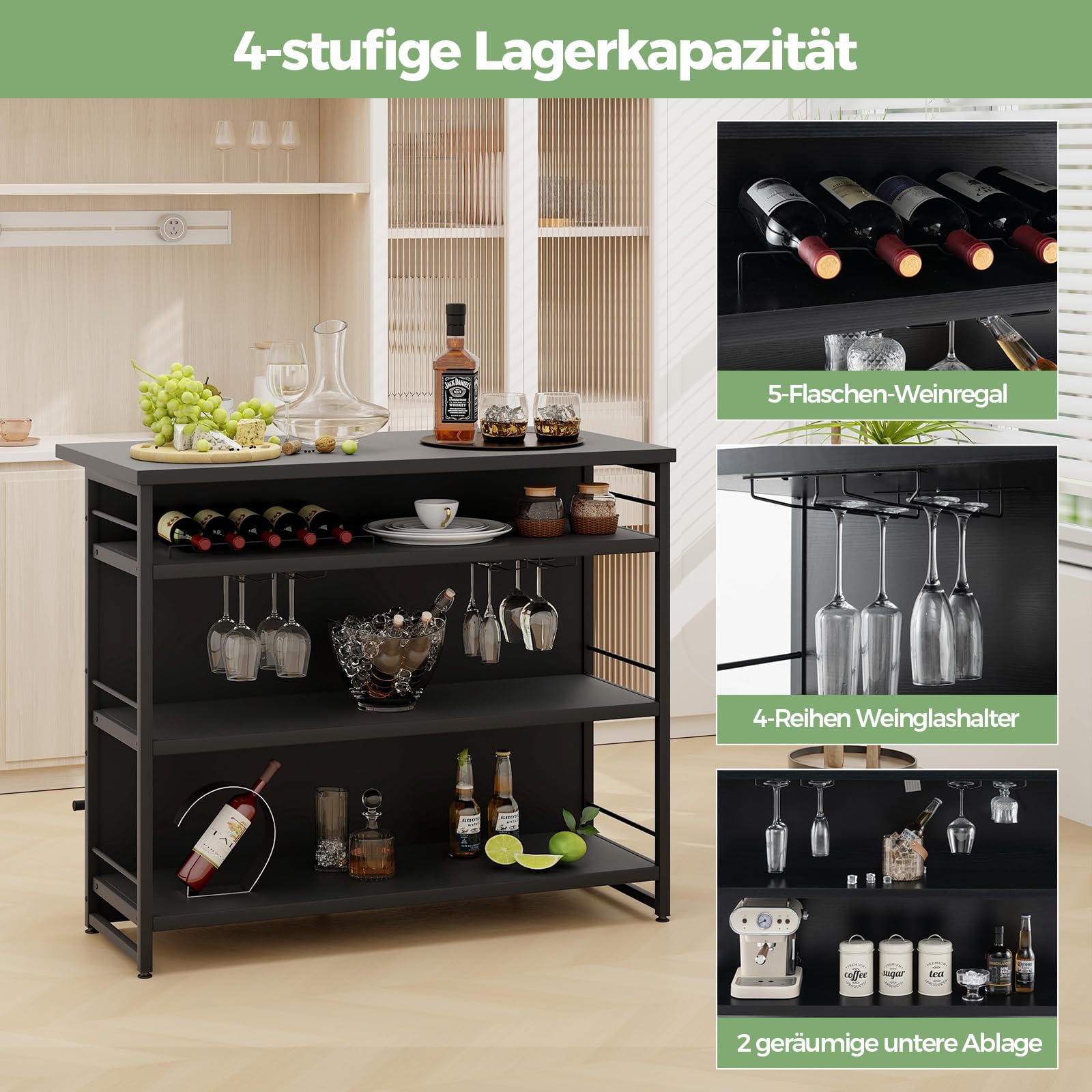 COSTWAY Hausbar Schrank, Barschrank mit 4 Ablagen, 120x60x101cm (Schwarz)