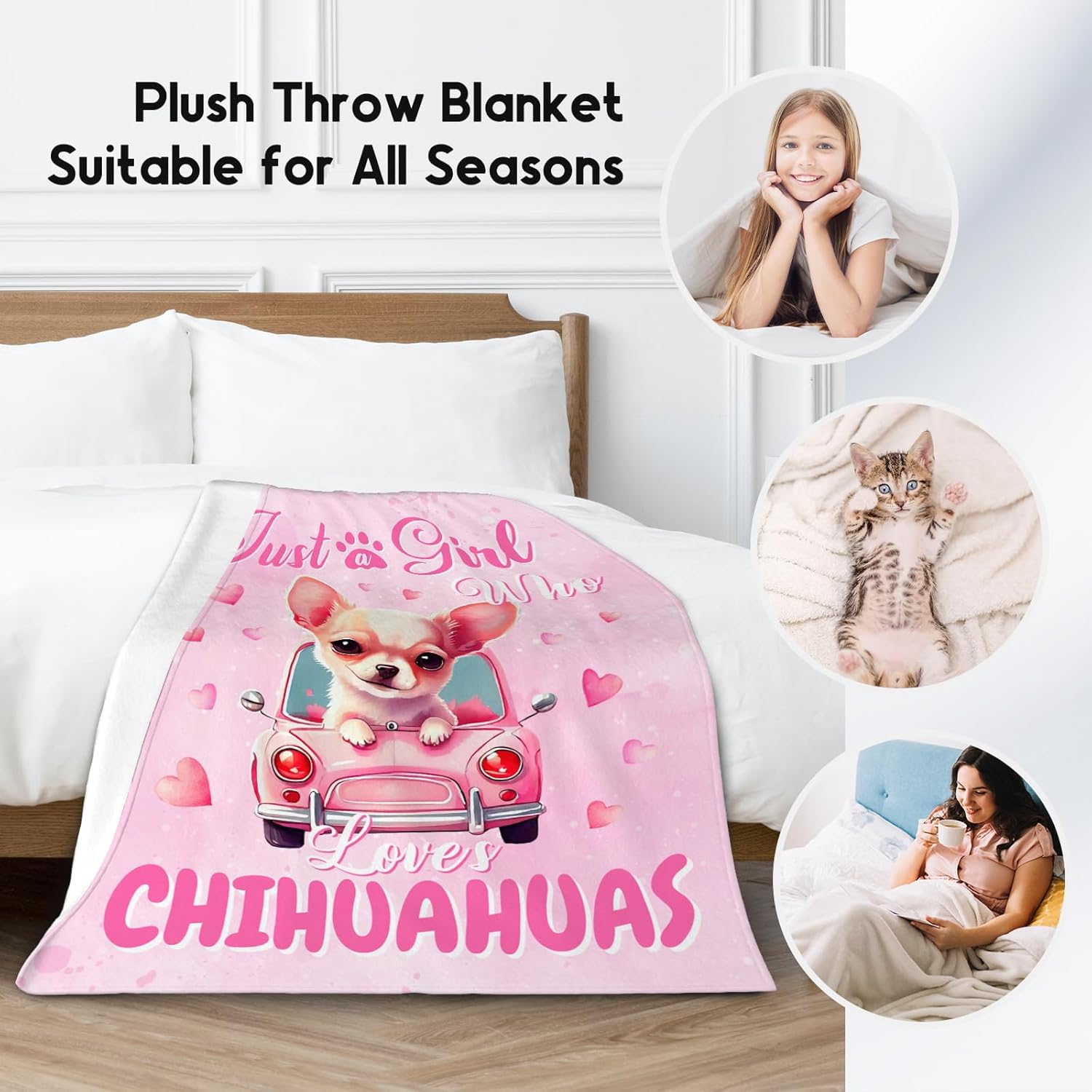 UNIKITTY Chihuahua Blanket Gifts, Chihuahua Blankets for Dog Lovers, 60"x80" Pink Girls Throw for Kids Room Decor, Kid Fleece Throws for Sofa Bed Living Room, Animal Print Gift