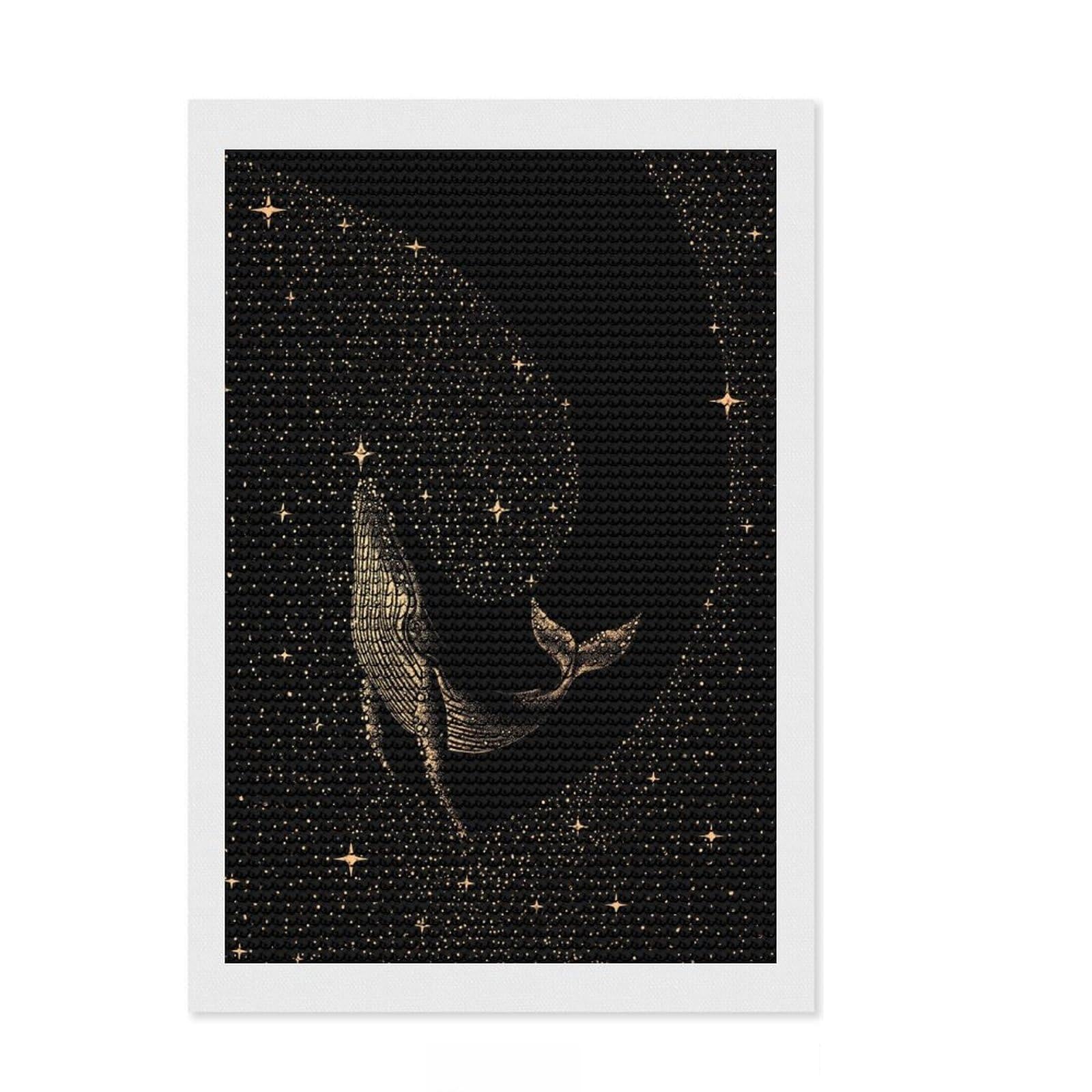 Junmoney Starry Whale Dark Gold Diamond Painting Kit 8"x12", Bedroom Decor, Round Gems, Full Kit Included, Relaxing Handmade Project