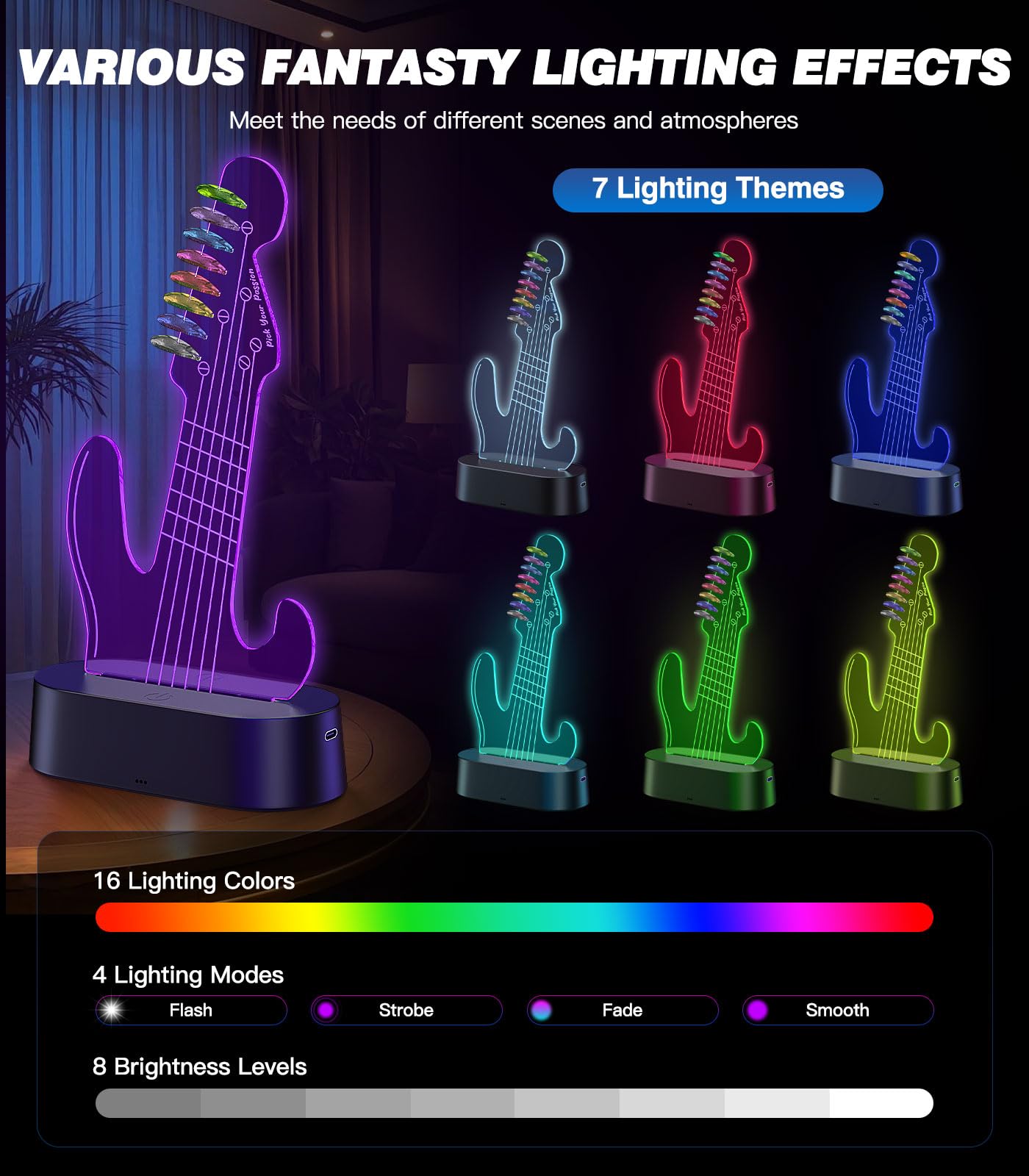 MoKo Porta Plettri Luminoso per Chitarra, Supporto per Plettro a LED con 7 Colori, Alimentazione USB, Contiene 8 Plettri, Regalo per Chitarra per Uomo, Musicista e Chitarrista