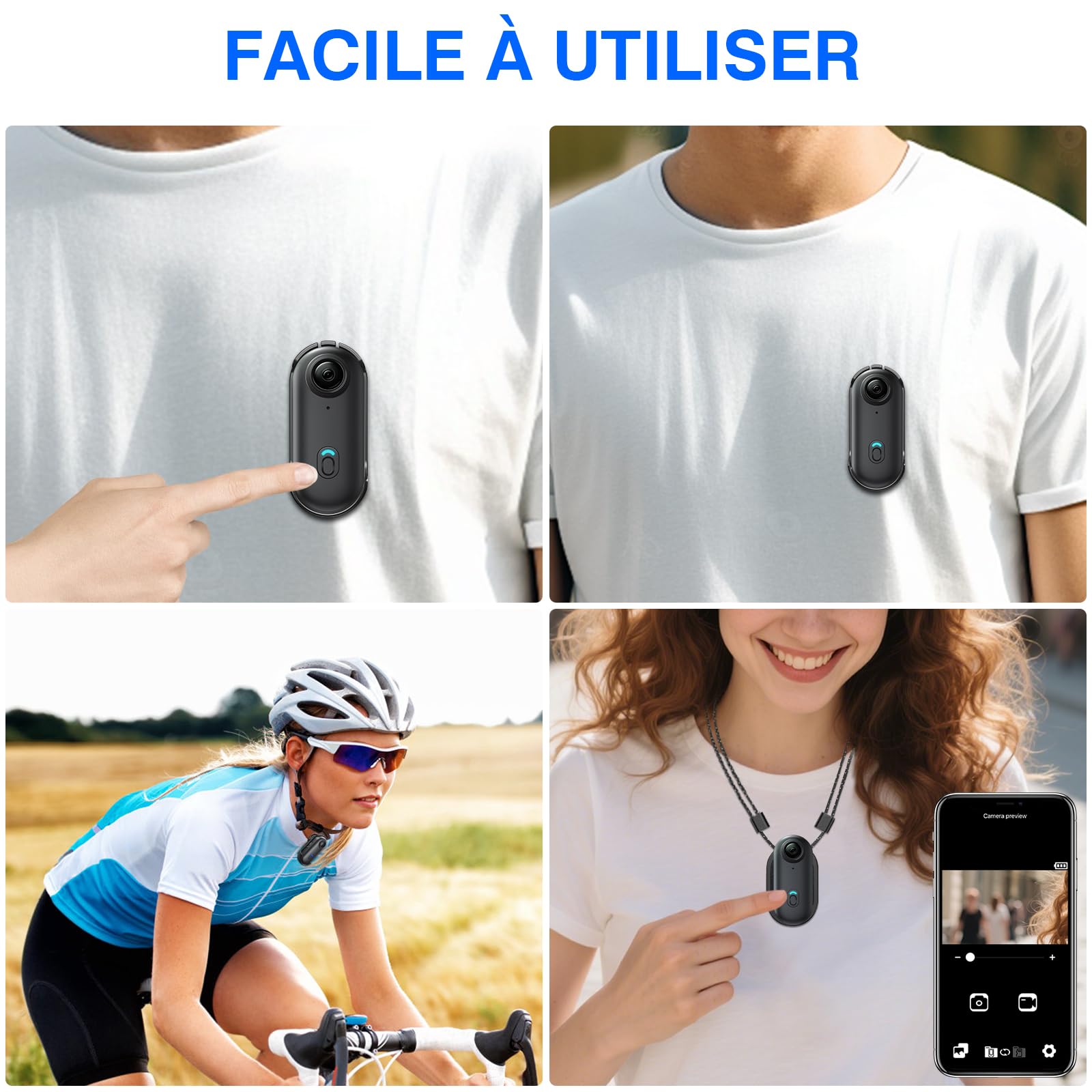 Caméra d'action 64GB, Caméra d'action WiFi pour Casque de Moto, Caméra Vidéo Portable HD 1080P, Mini Caméra de Corps de Sport avec Clip Rotatif 360°, Étui Étanche et Multiples Accessoires