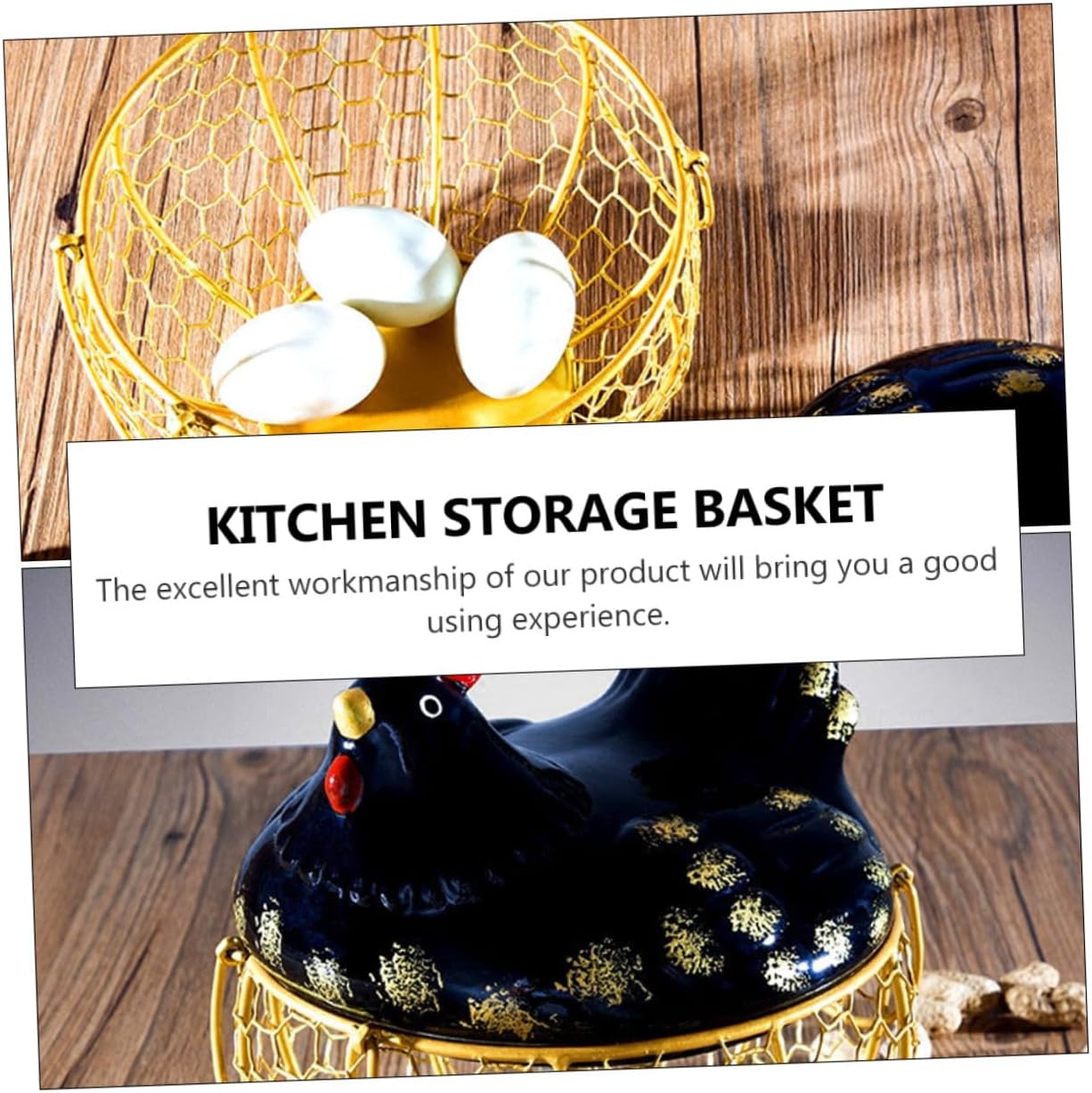Iron Art Egg Basket Chicken Shape Kitchen Storage Basket with Black Lid and Golden Wire Frame, Decorative Home Egg Holder for Countertop and Desktop Organization