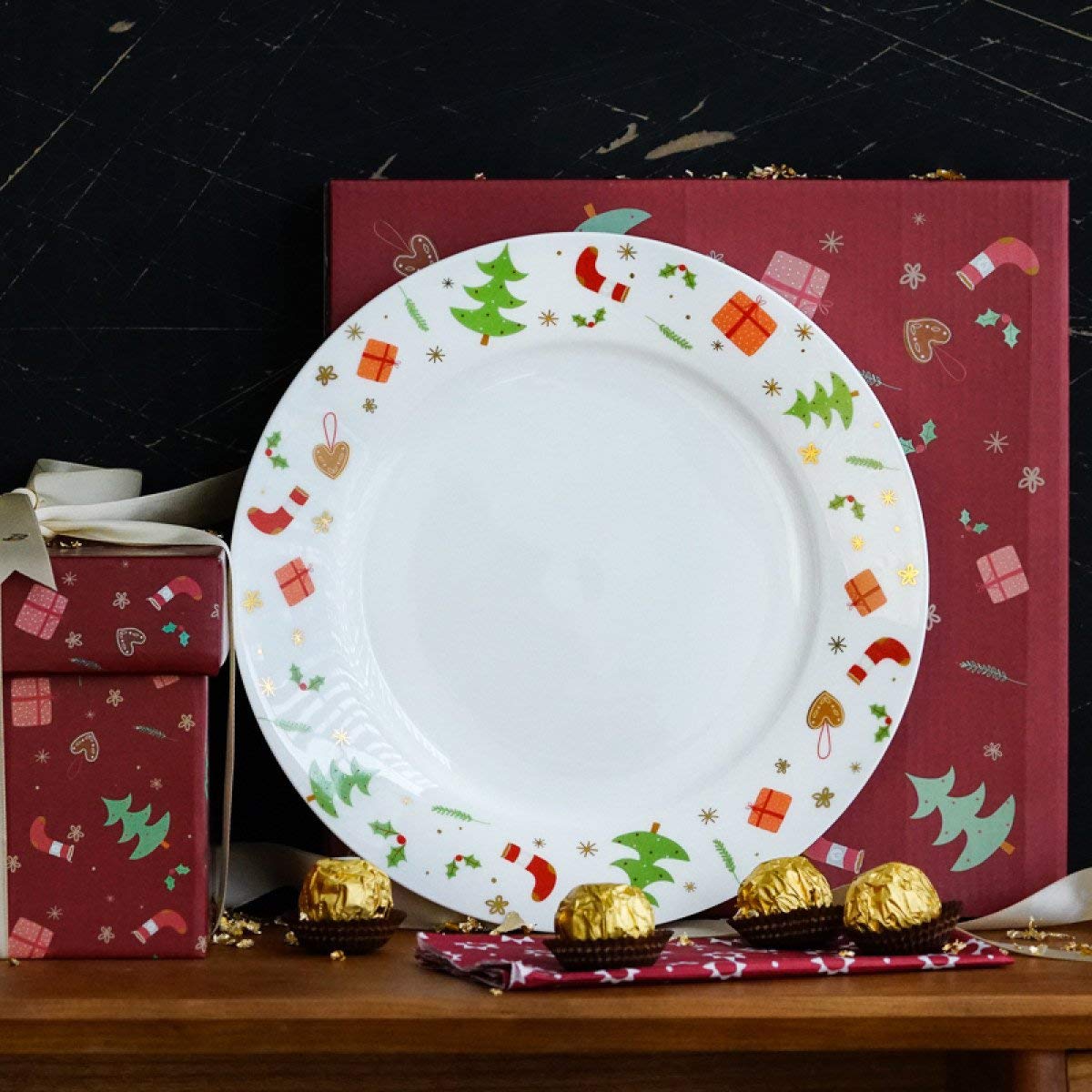 PENFU Plates Christmas Ceramic Dinner Plate Fruit Salad-Dessert Plates, Simply Fine Chirp Salad/Luncheon Plate,Dessert Plates Party Accessory 10 inch, Round Specialty Plates