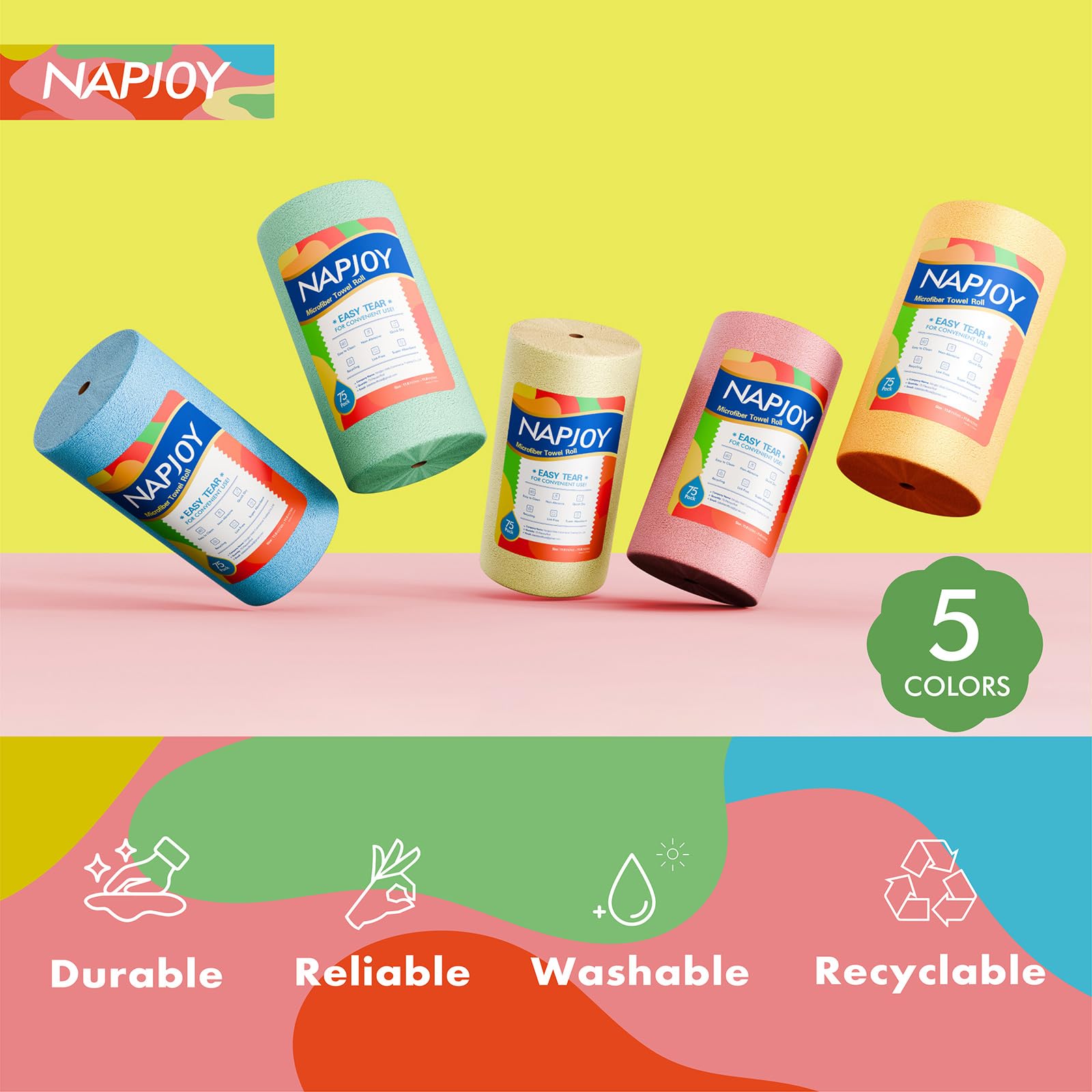 Napjoy Rollo de paño de limpieza de microfibra, toallas de papel reutilizables fáciles de quitar, paquete de 75 paños de microfibra ultra suaves para cocina, limpieza, ventana, coche, jardín, baño,
