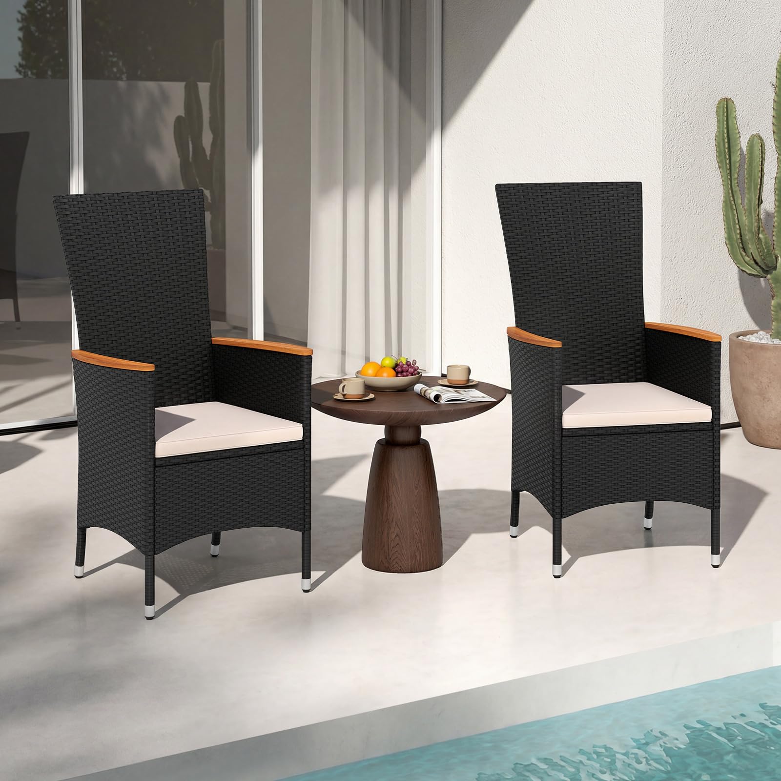 COSTWAY Gartenstühle Hochlehner 2er Set, Rattan Gartensessel, Terrassenstühle mit Sitzkissen, wetterfeste Balkonstühle bis 180 kg belastbar, für Garten, Balkon & Terrasse (Beige)