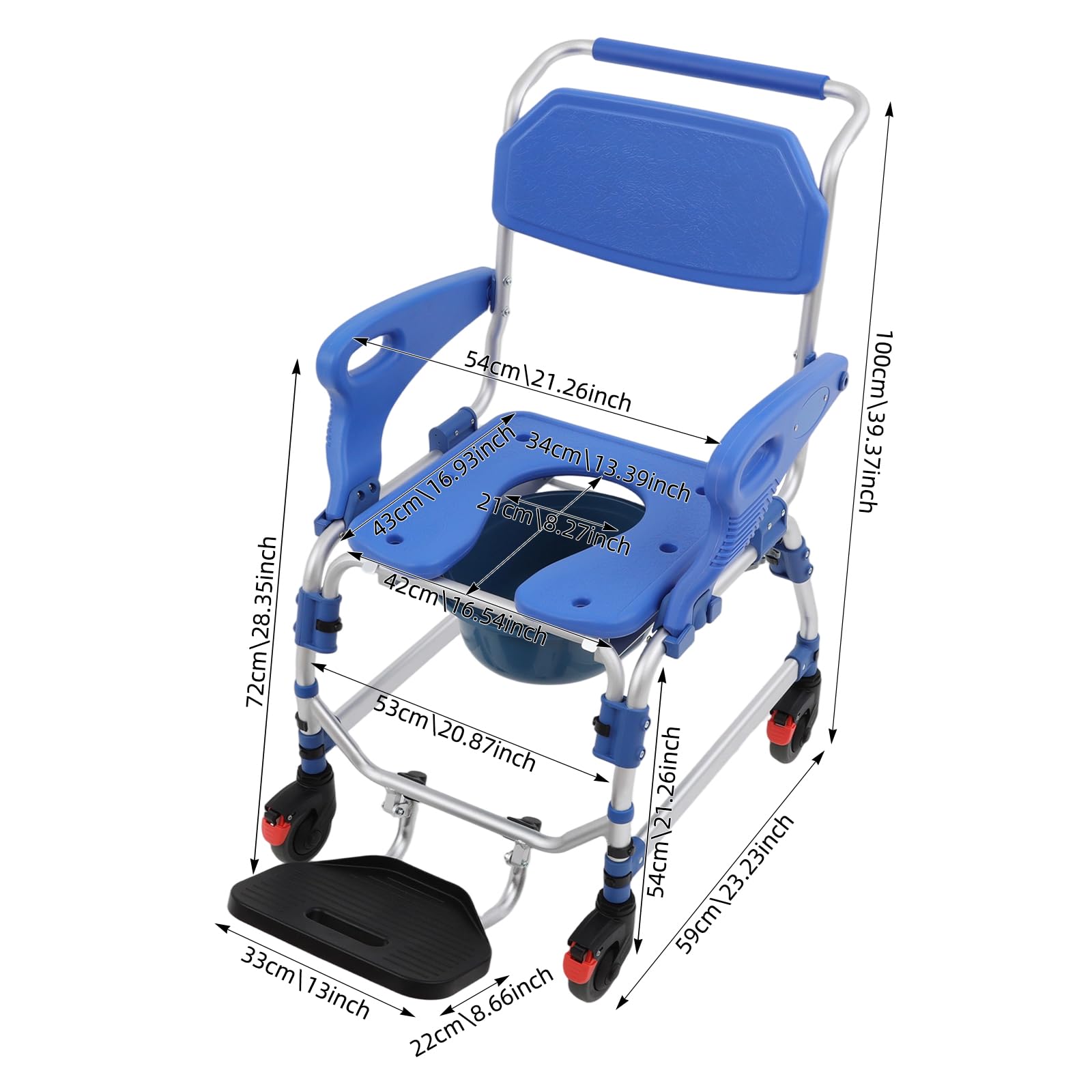 Silla de inodoro con ruedas Silla de ducha móvil para personas mayores, ducha móvil, silla de ruedas con reposabrazos plegables, capacidad de carga de 125 kg, 4 ruedas con frenos, cubo de inodoro
