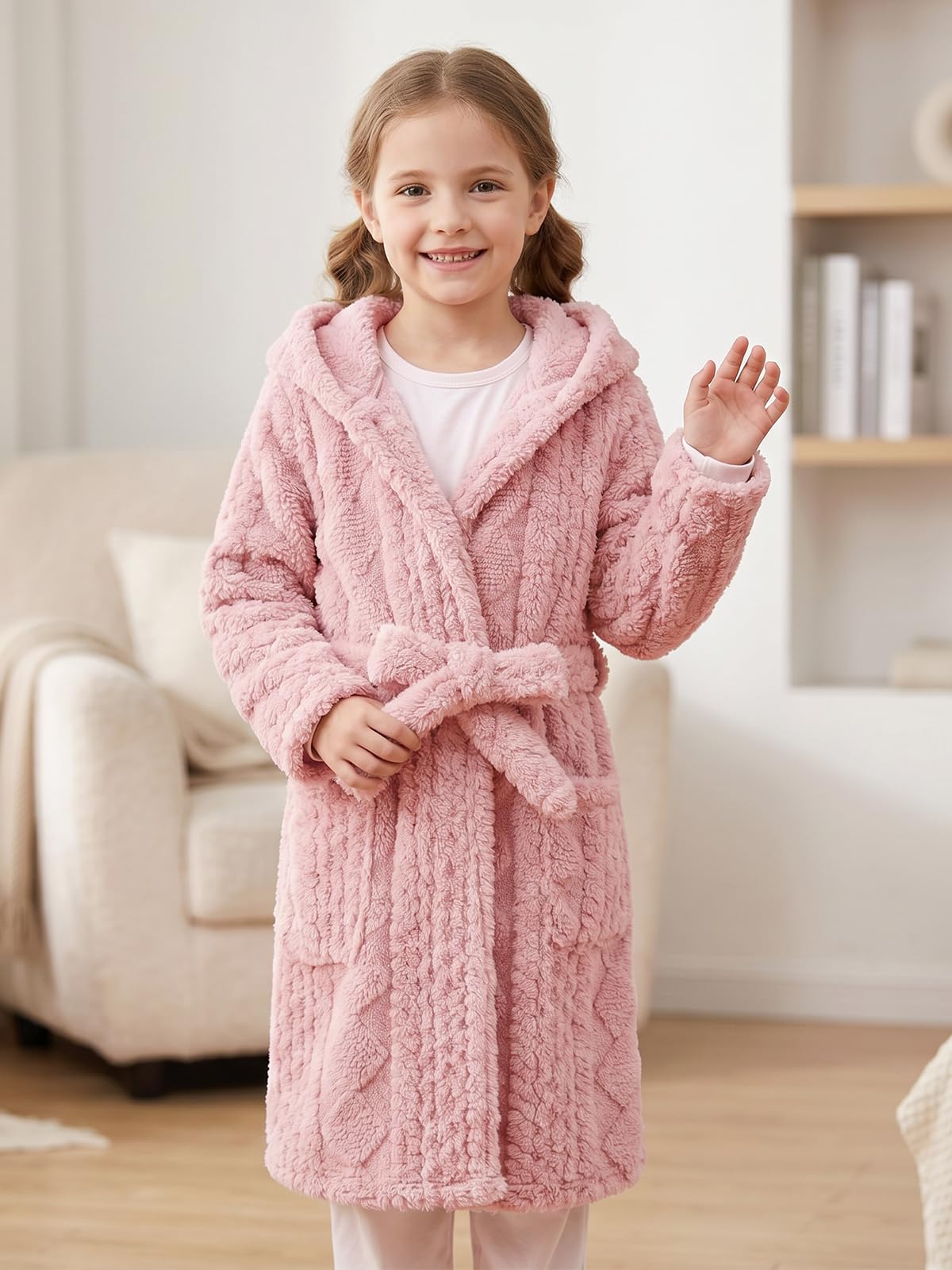JiAmy Accappatoio per bambini con cappuccio, in morbido pile, per ragazzi e ragazze, morbido e caldo, per casa e spa, 4-14 anni